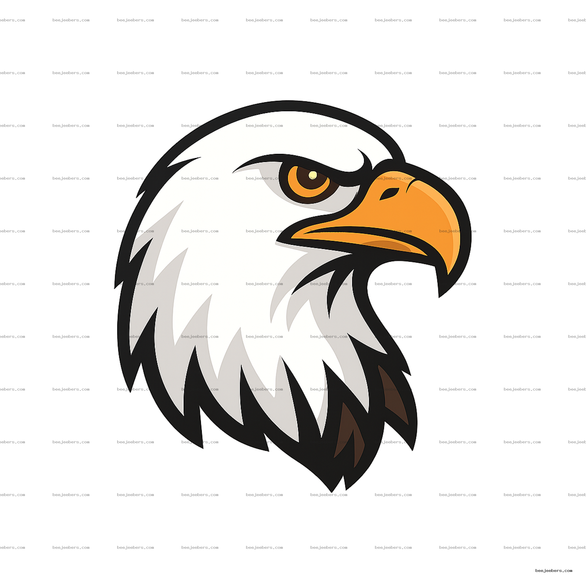 Close-up vector illustration of an eagle head with an orange beak and sharp black and white feathers on a transparent background