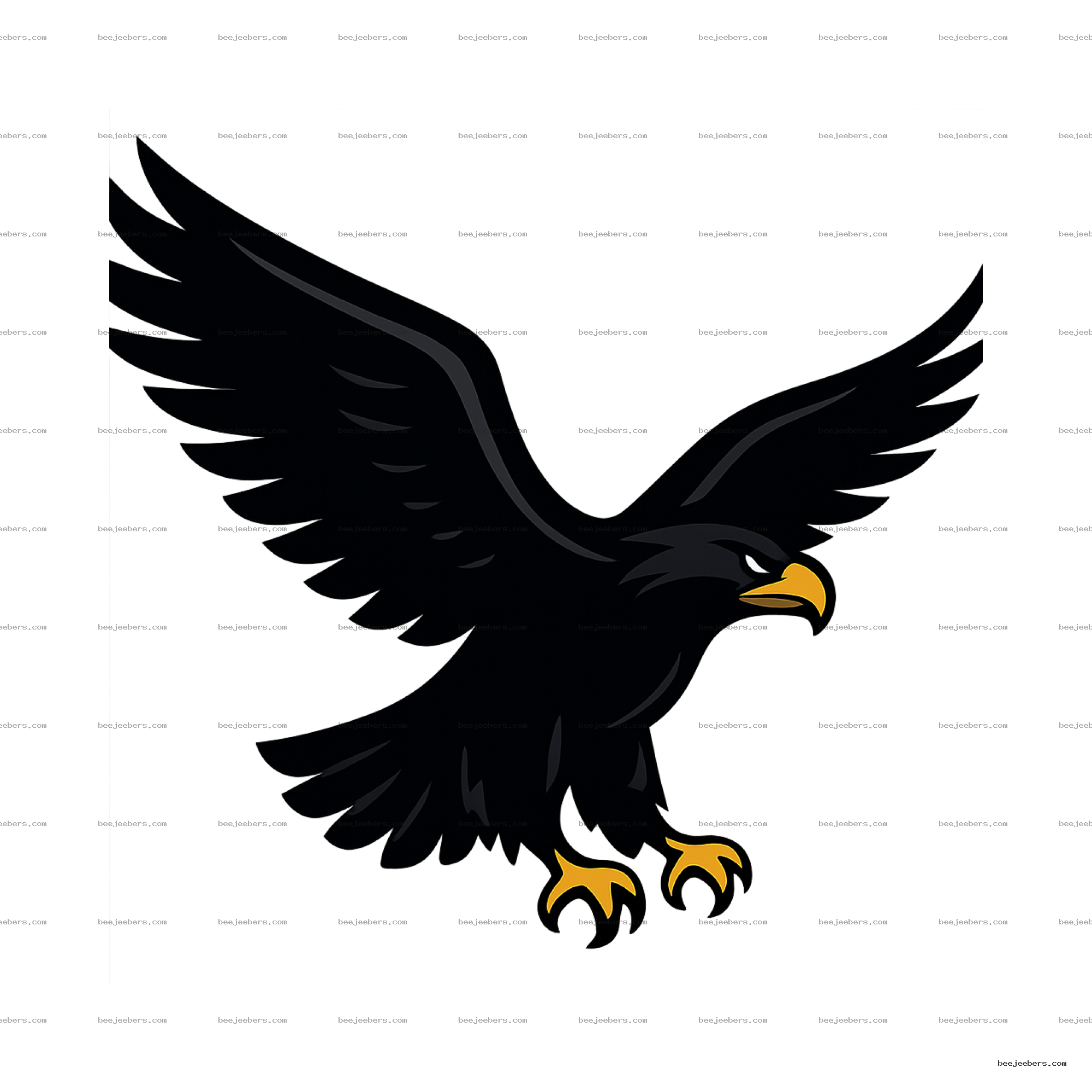 Clean vector illustration of black eagle in flight with yellow beak and talons on transparent background