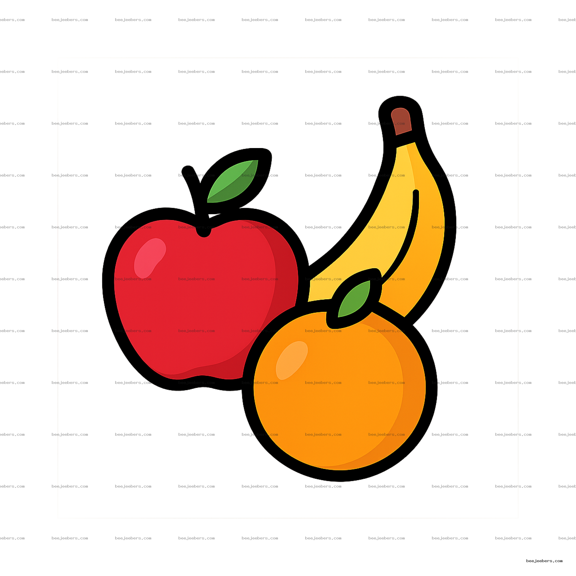 Clean vector fruit icons featuring a red apple, yellow banana, and orange on transparent background