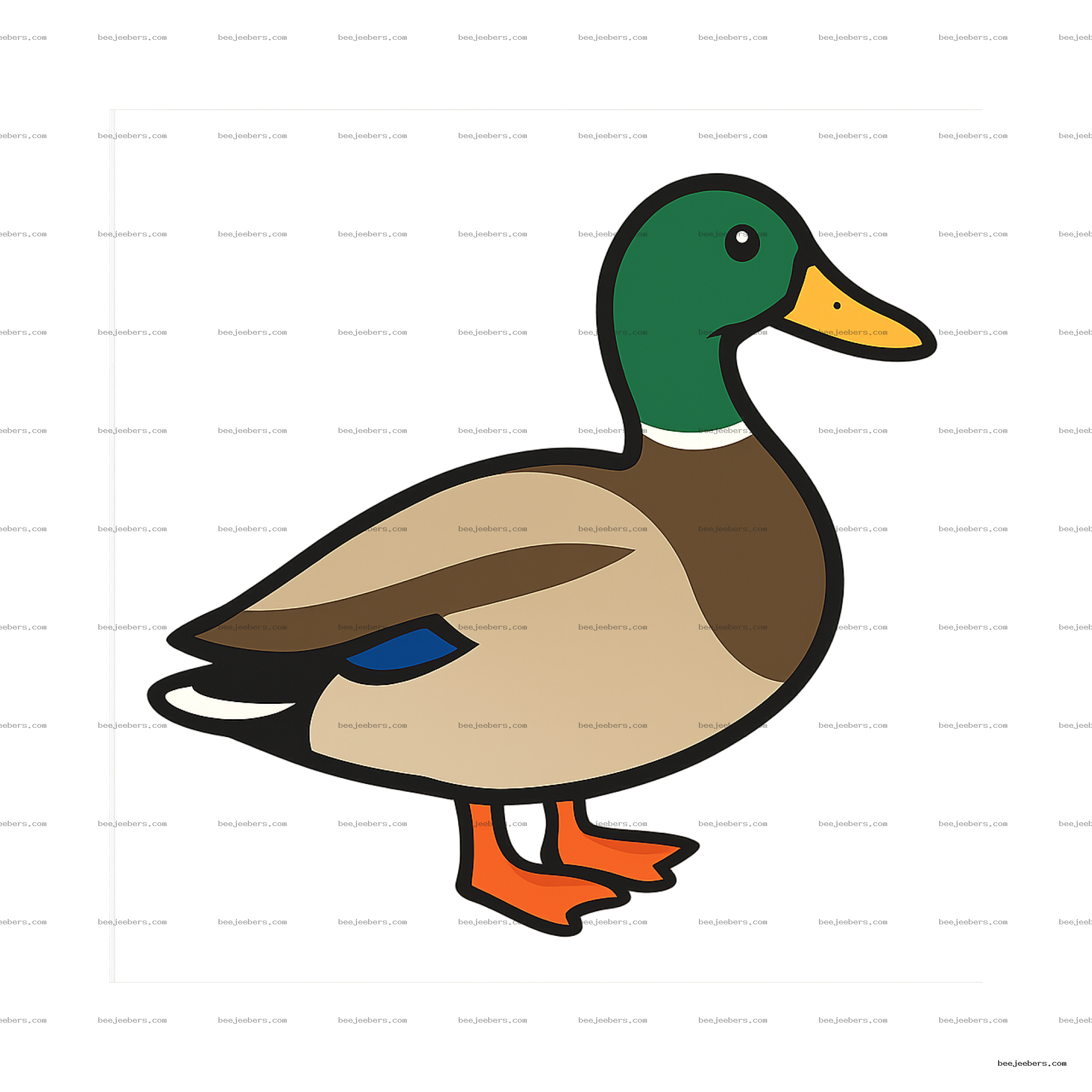 Clean vector illustration of a mallard duck in side view with green head and orange feet on transparent background
