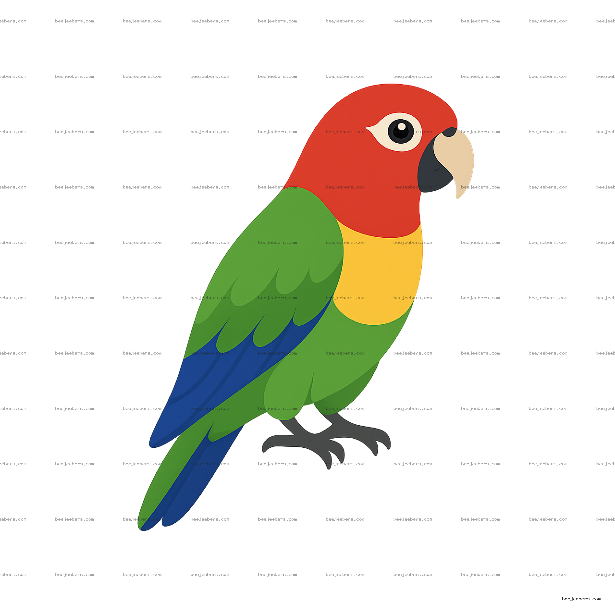 Colorful parrot clipart with red head, green wings, yellow chest, and blue tail on transparent background