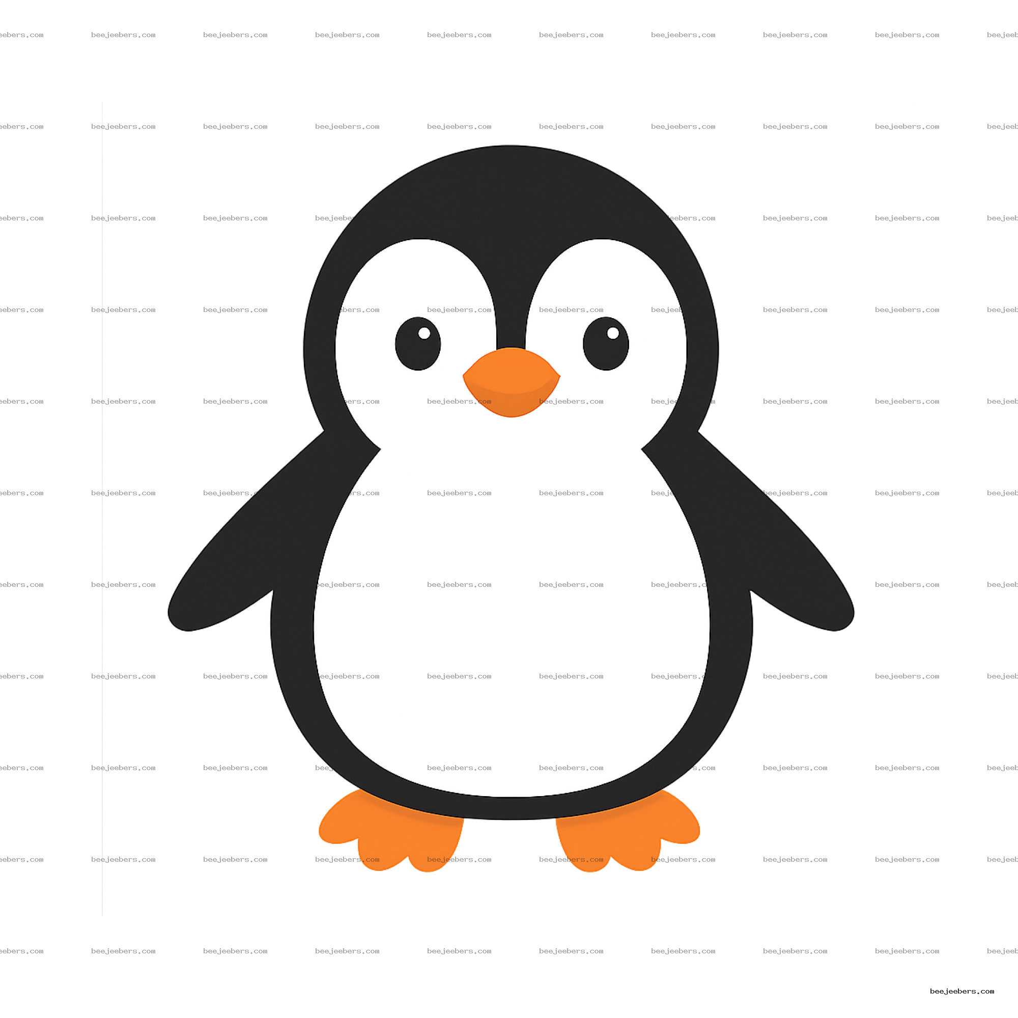 Cute cartoon penguin with black and white body, orange beak and feet on transparent background vector clipart