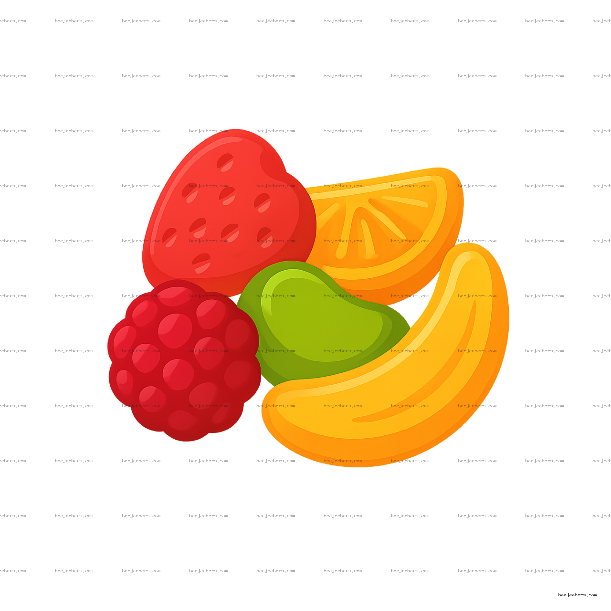 Colorful vector clipart of assorted fruit snacks including strawberry, raspberry, orange slice, green gummy, and banana on transparent PNG