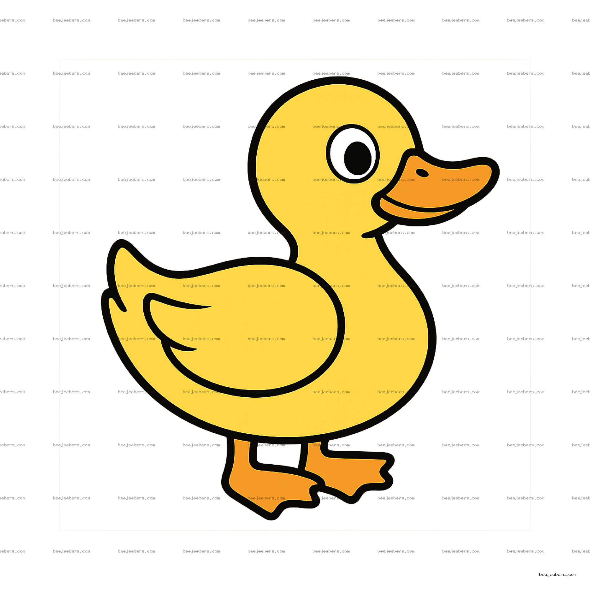 Bright yellow cartoon duck clipart with orange beak and feet on transparent background
