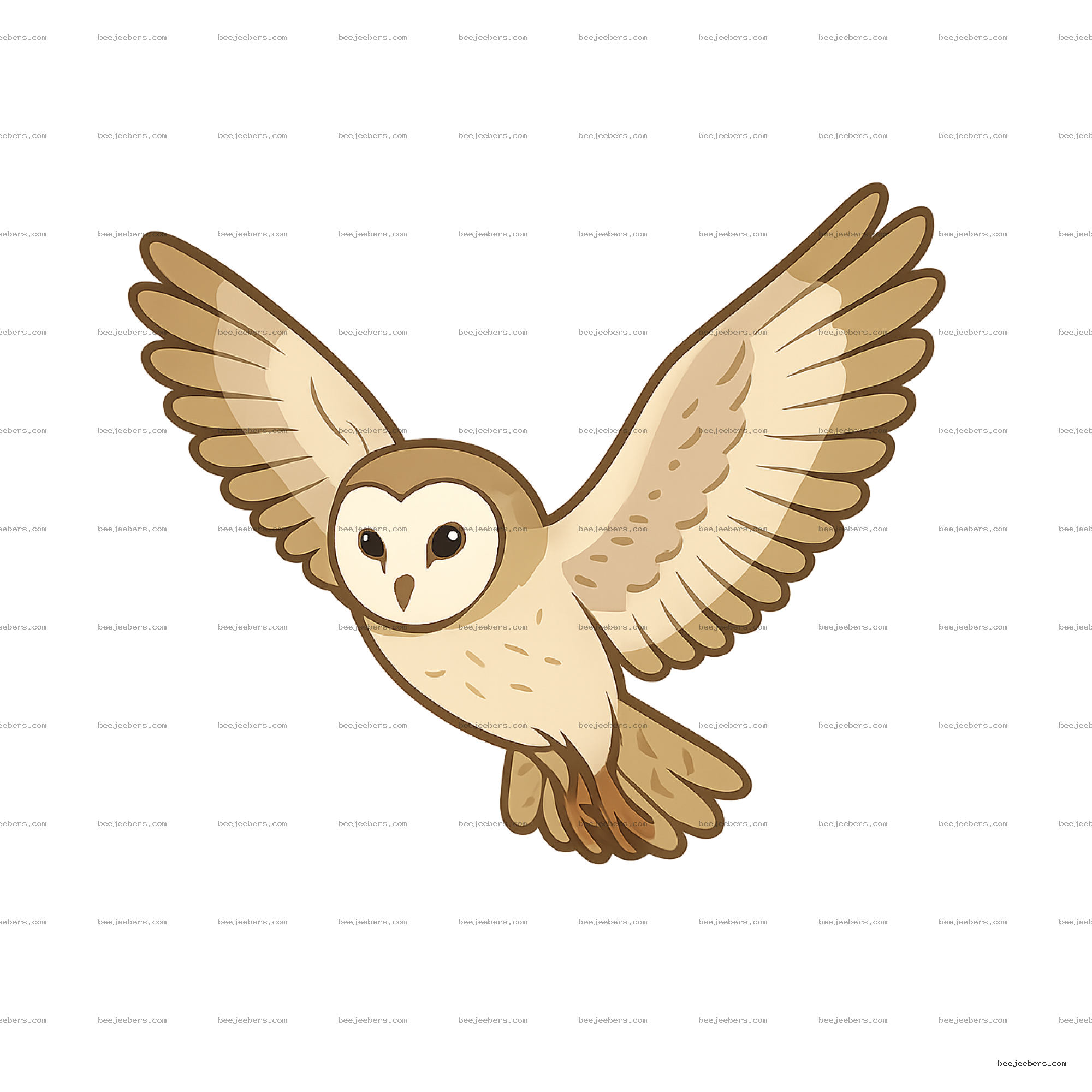 Clean vector PNG of a barn owl flying with wings spread showing natural beige and brown colors