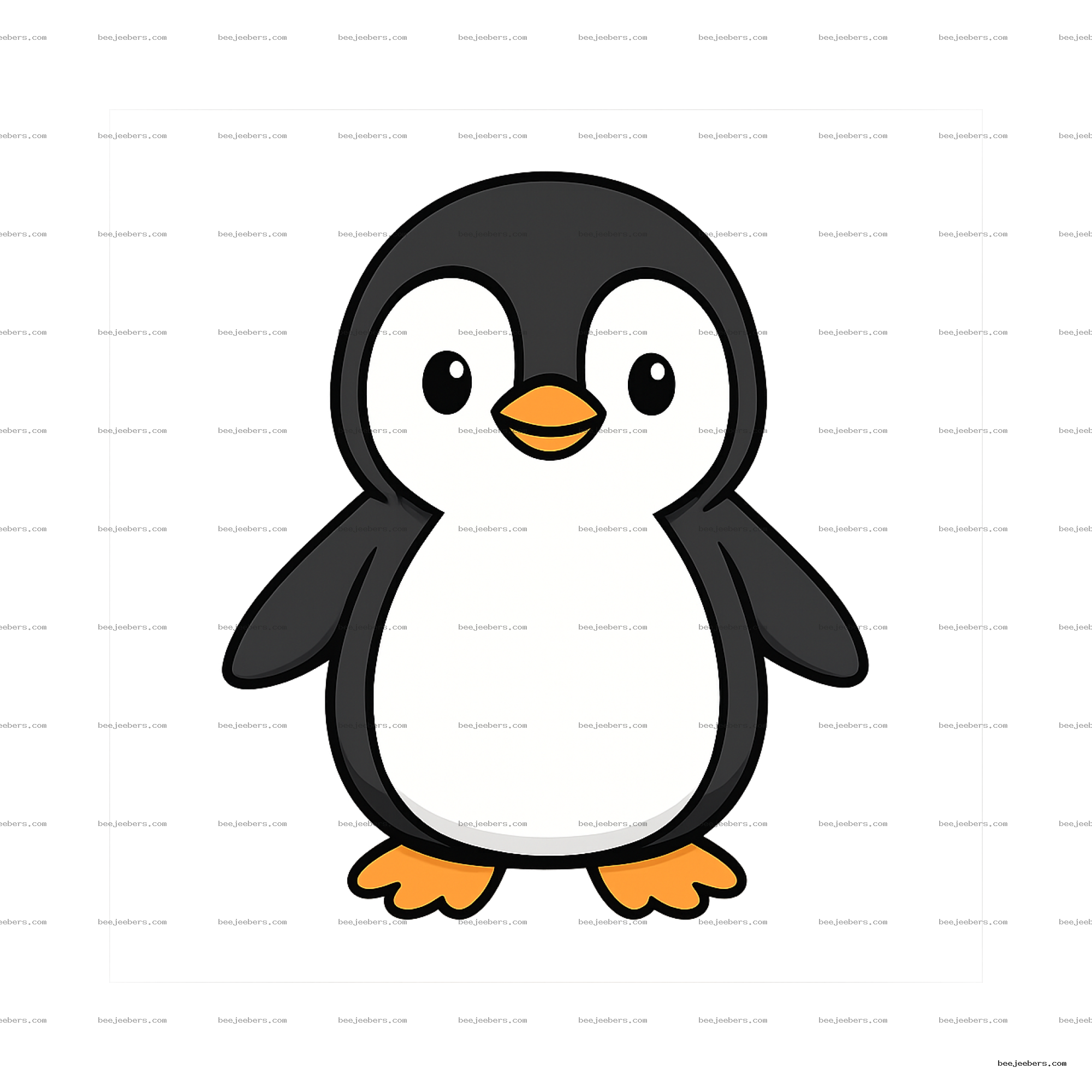 Clean vector cartoon penguin with black and white body and orange beak and feet on transparent background