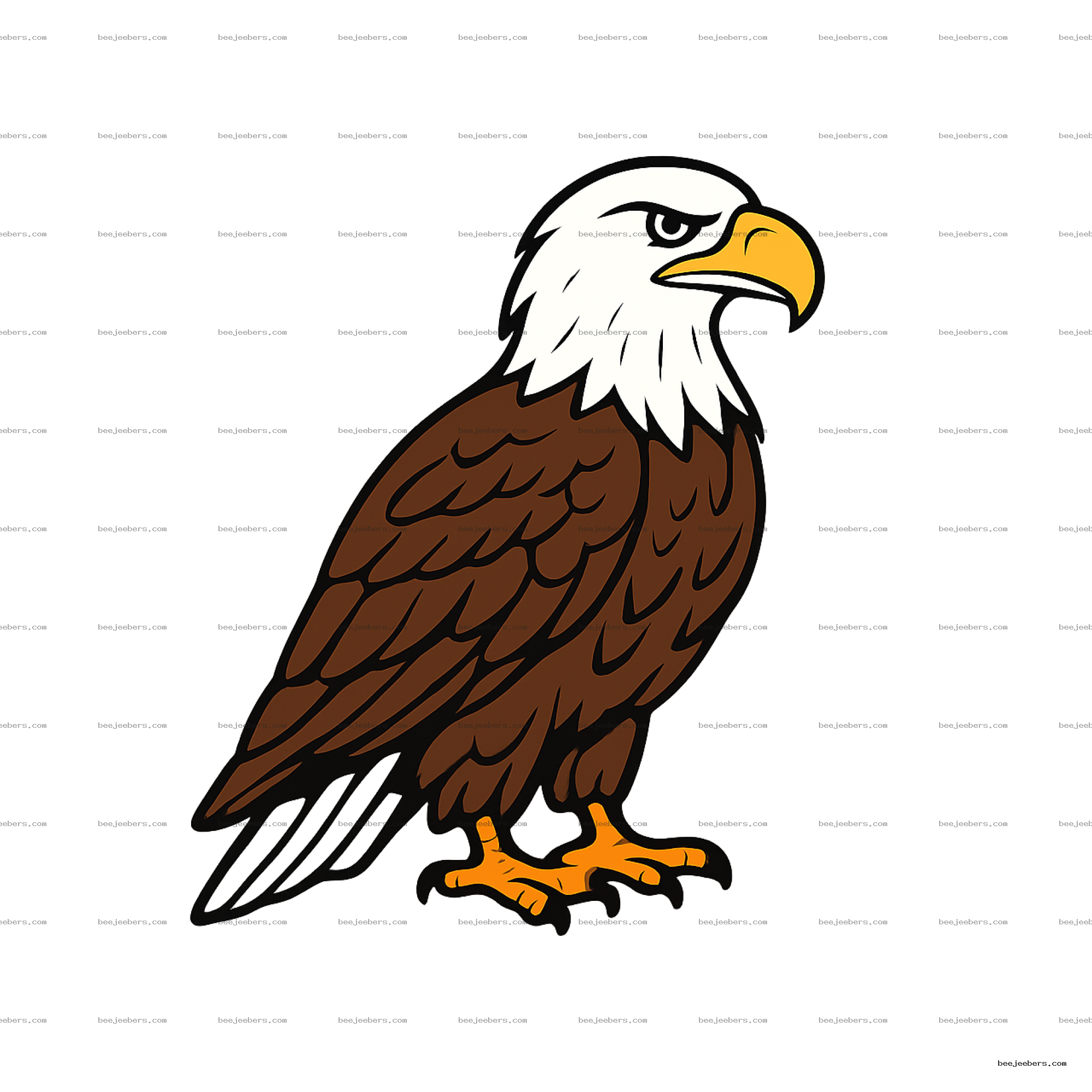 Clean vector illustration of an eagle with white head, brown feathers, and yellow beak on transparent background
