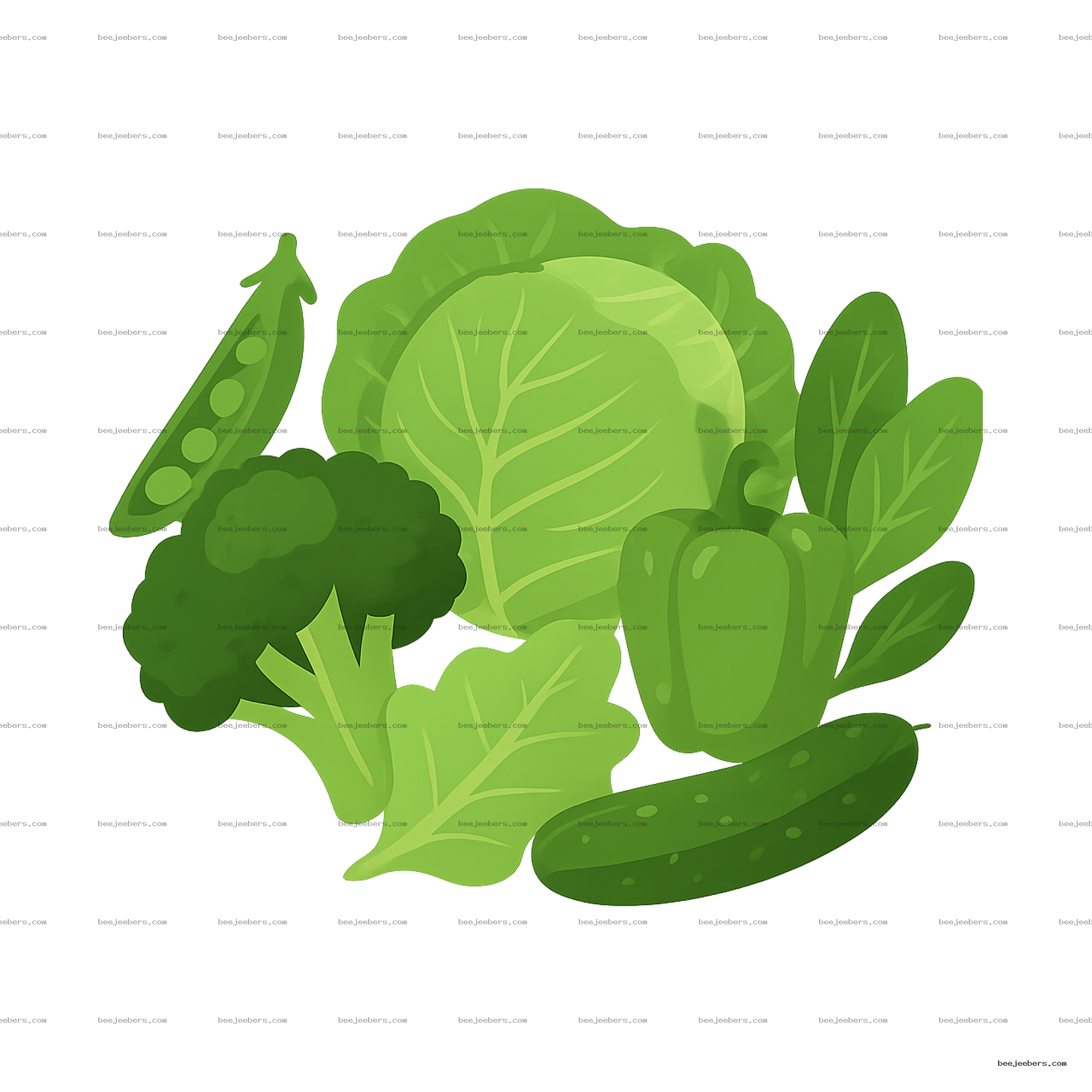 Clean vector clipart of green vegetables including peas, broccoli, lettuce, leafy greens, bell pepper, cucumber