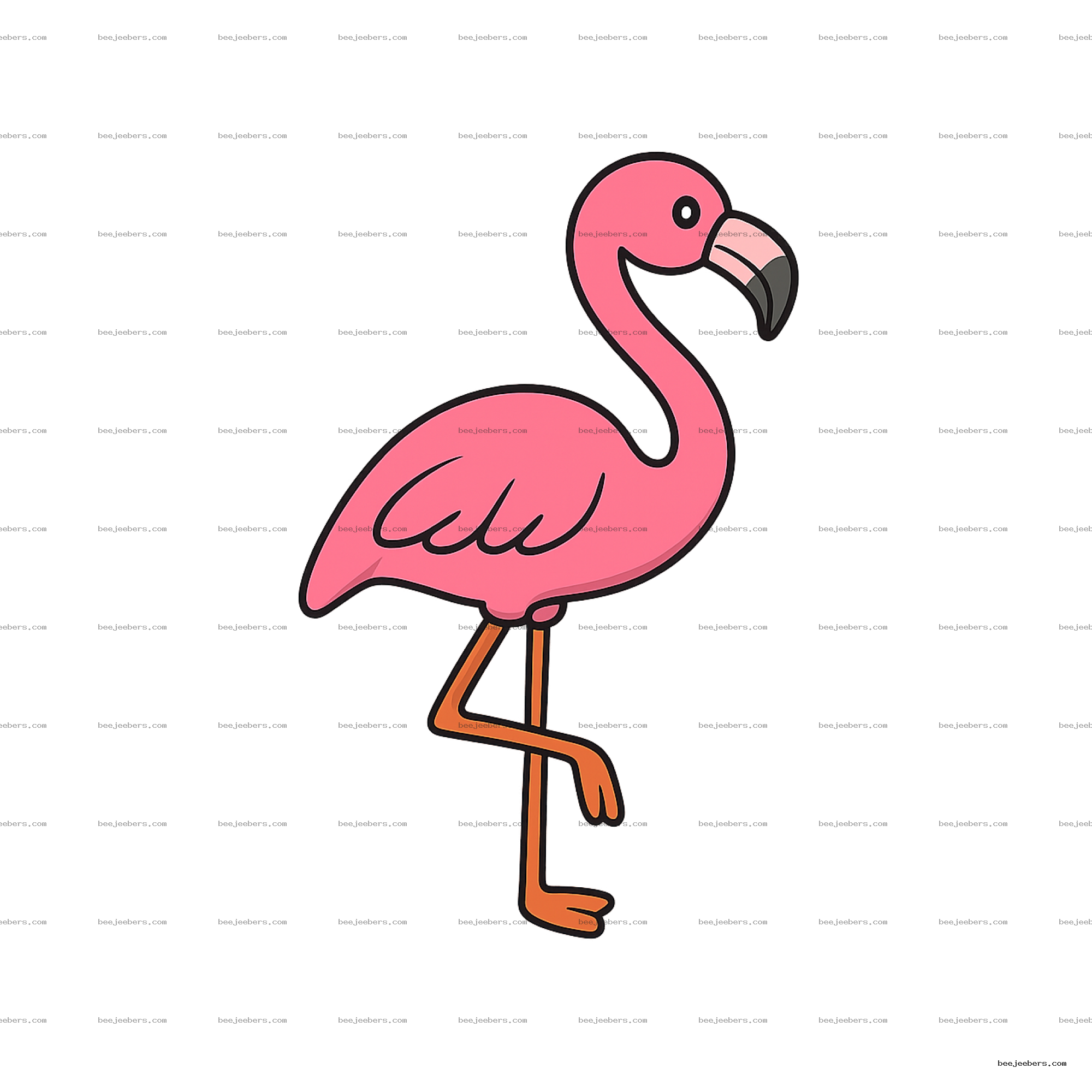 Cute pink flamingo cartoon standing on one leg in a clean vector style with transparent background