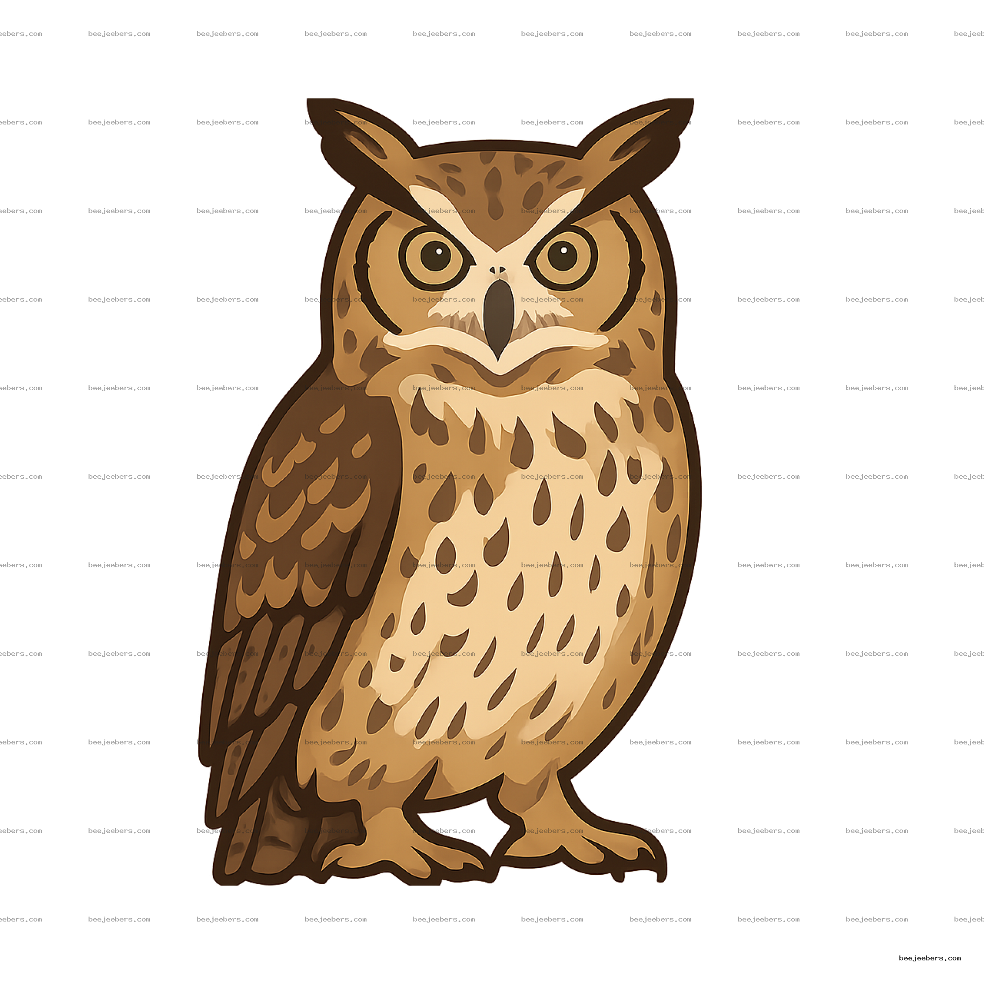 Clean vector illustration of a great horned owl with detailed feathers on transparent background