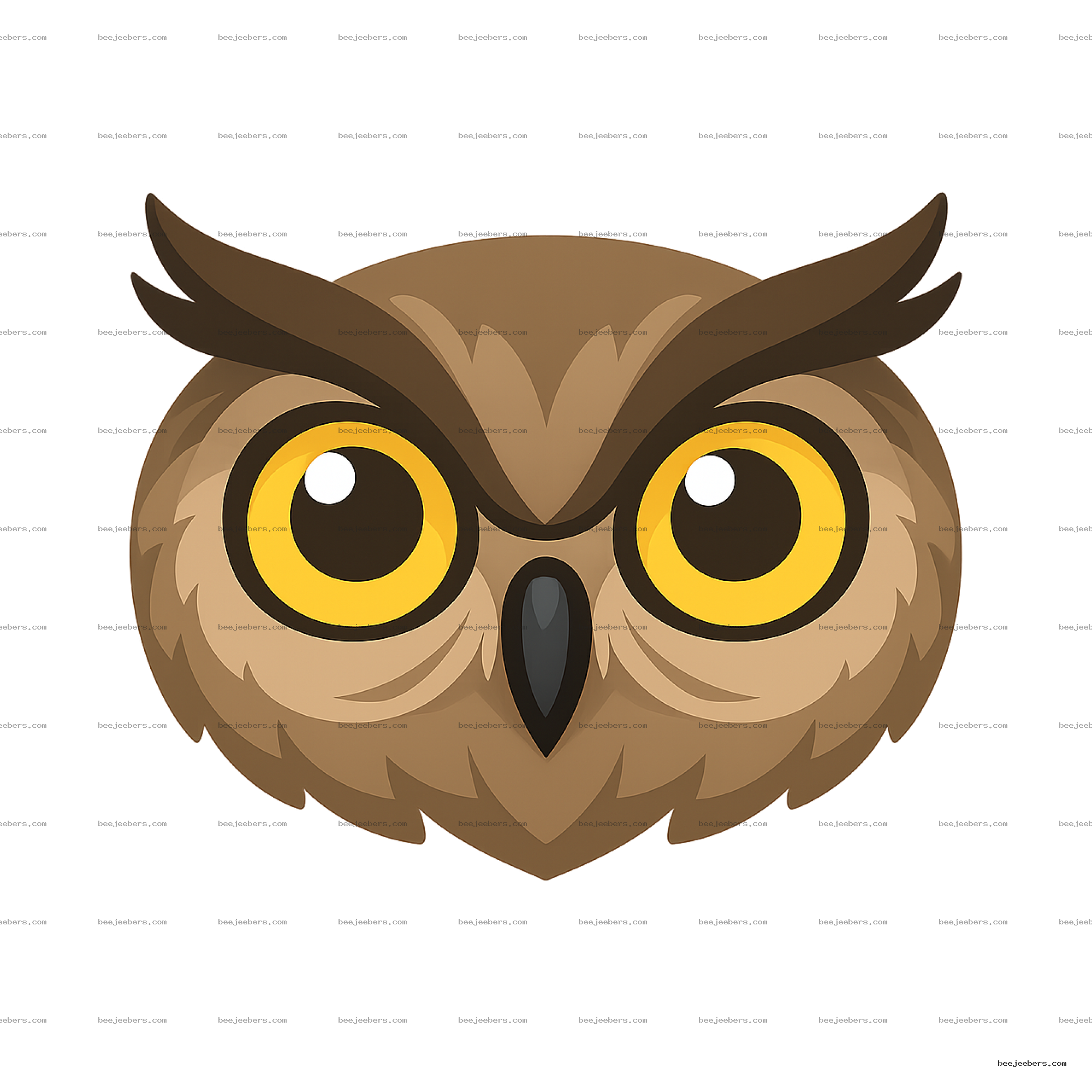 Close-up vector illustration of an owl face showing large yellow eyes and beak on transparent background