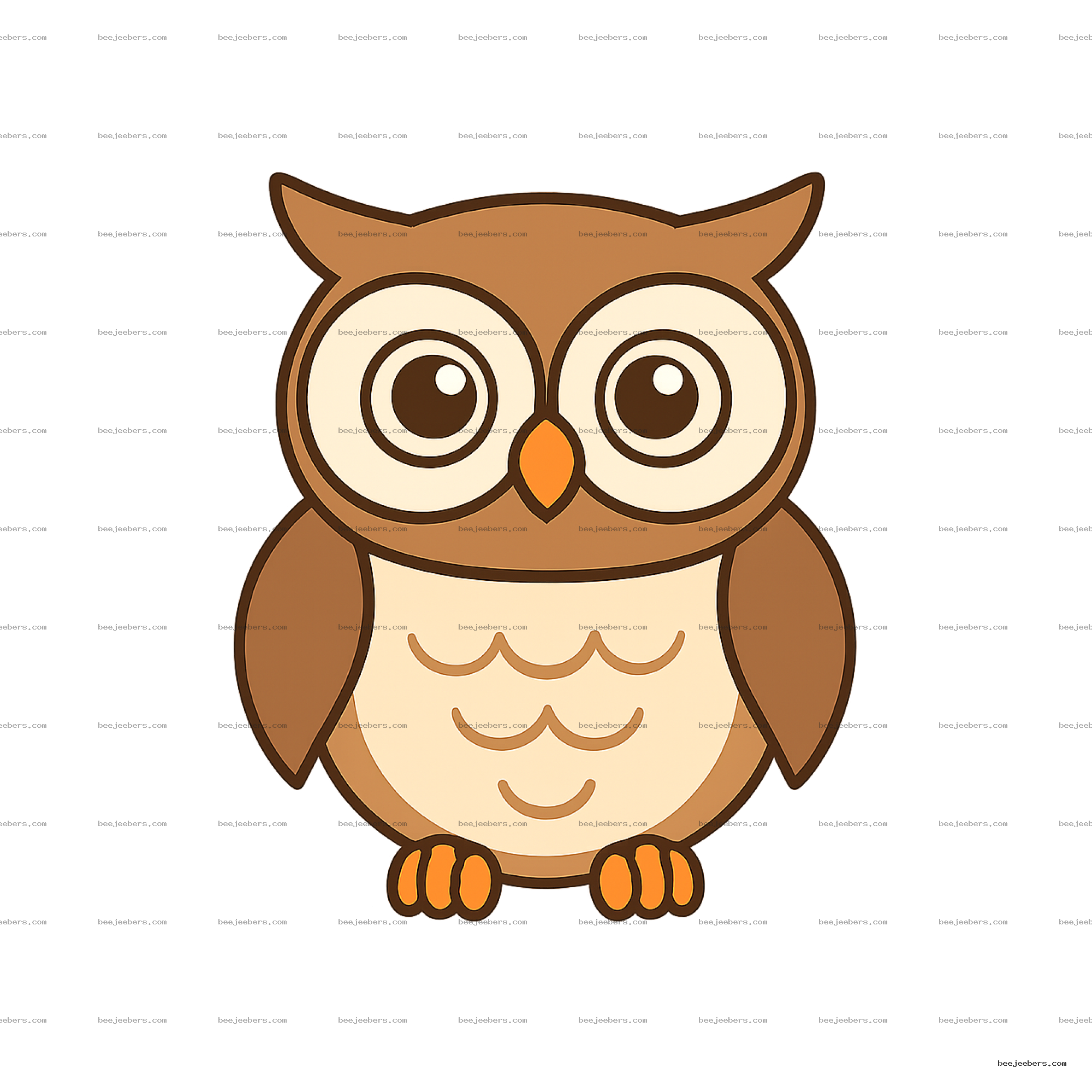 Cute cartoon owl with big eyes in brown and cream colors on transparent background
