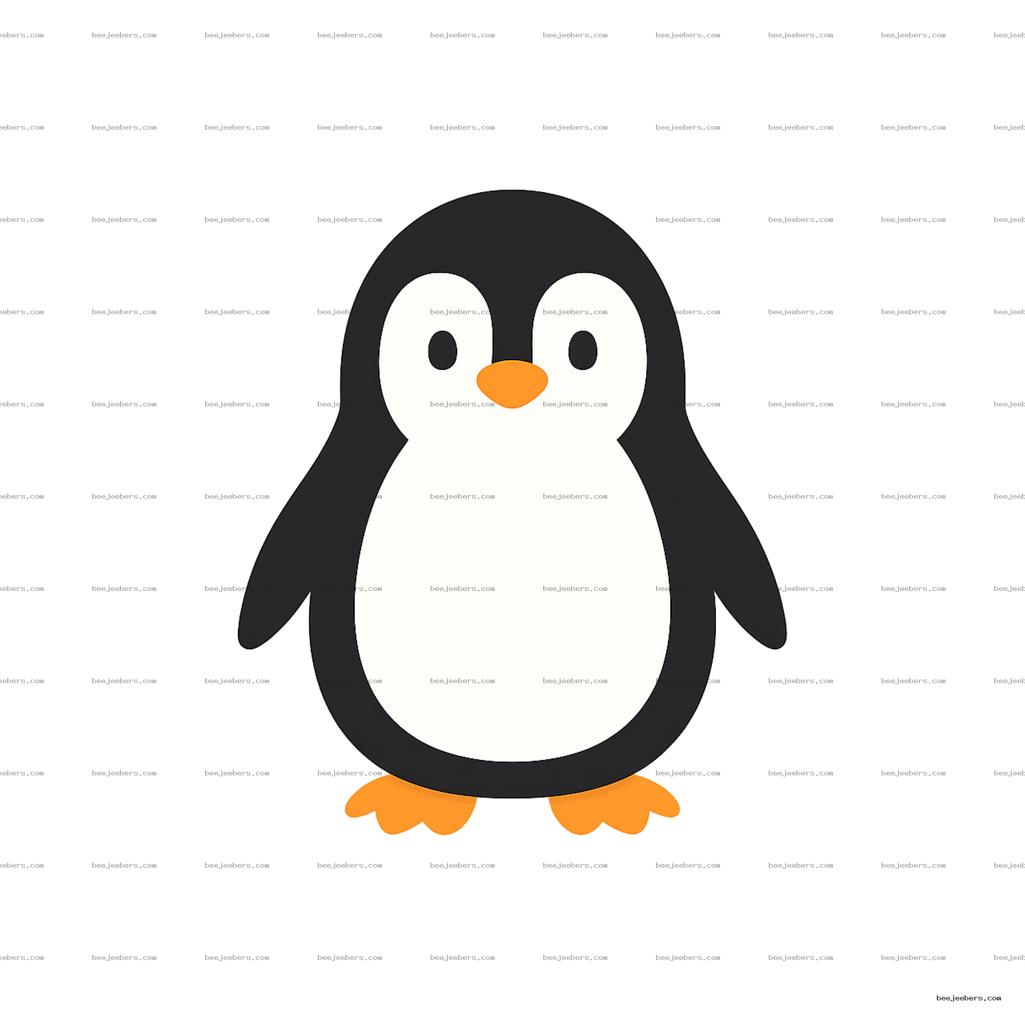 Cute cartoon penguin with black and white body and orange beak and feet in clean vector style