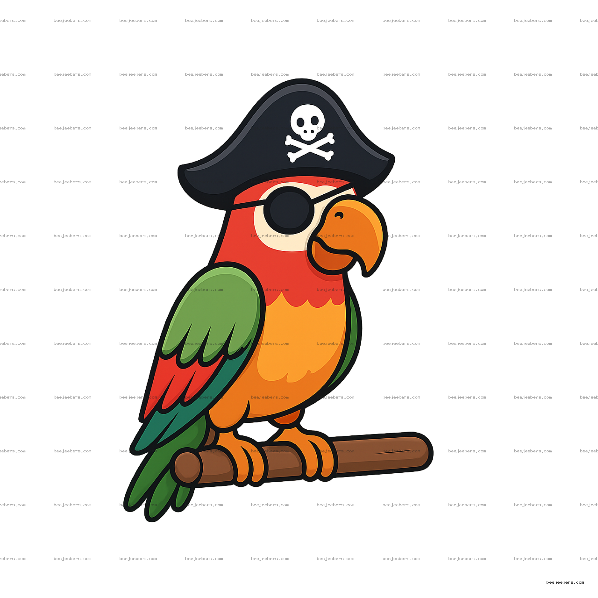 Colorful pirate parrot wearing a skull-and-crossbones hat and eye patch perched on a branch PNG