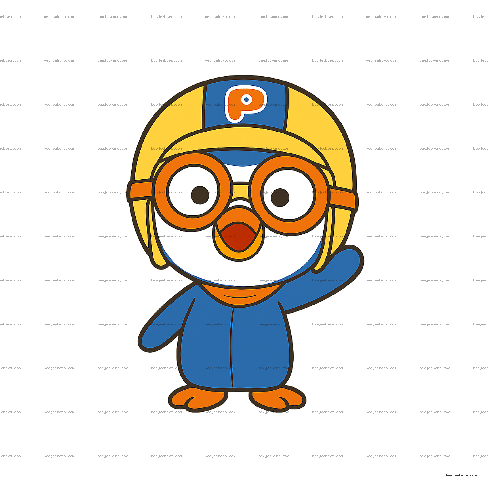 Vector cartoon penguin wearing yellow helmet and orange glasses waving with one wing