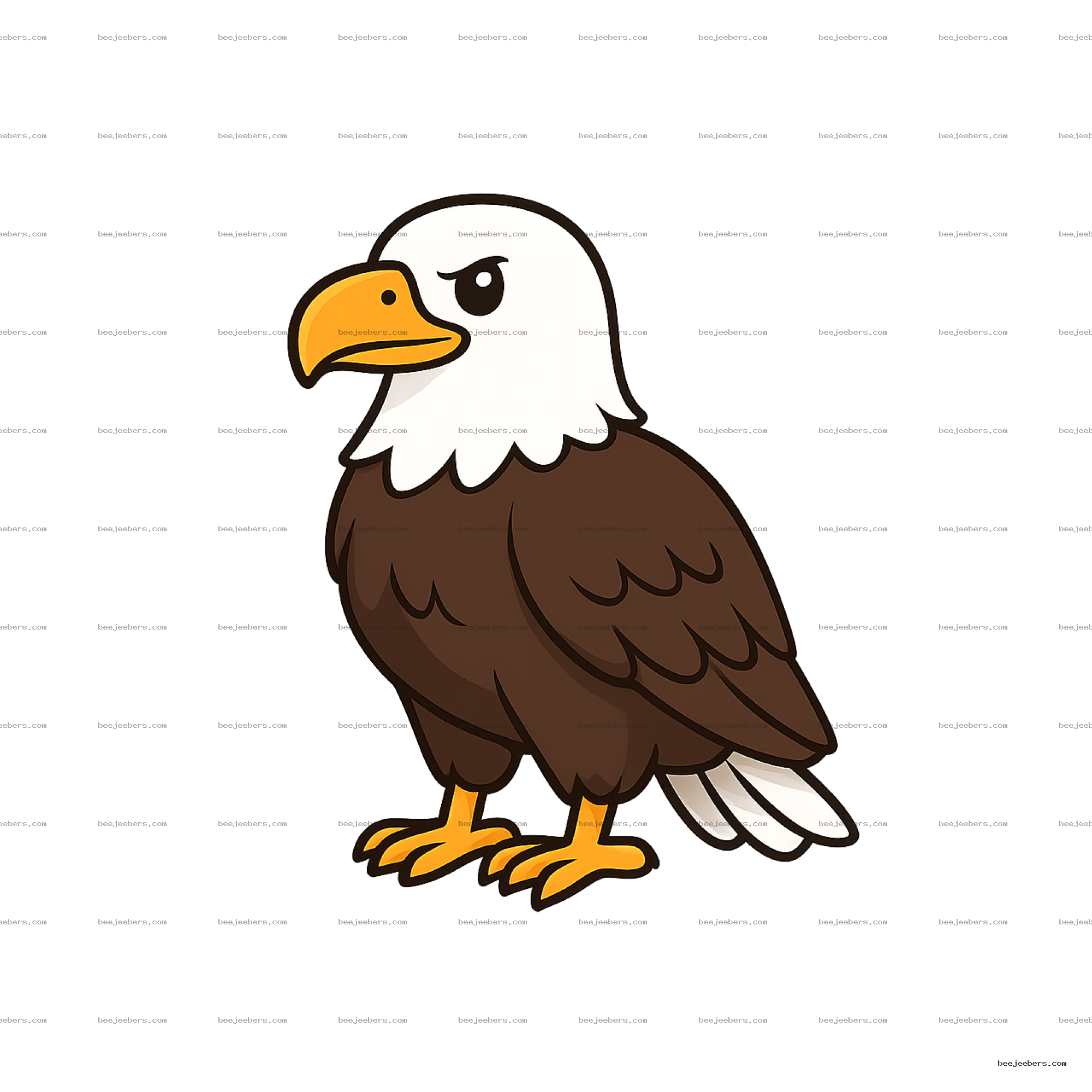 Cartoon bald eagle with white head, yellow beak and feet, brown body in vector style on transparent background