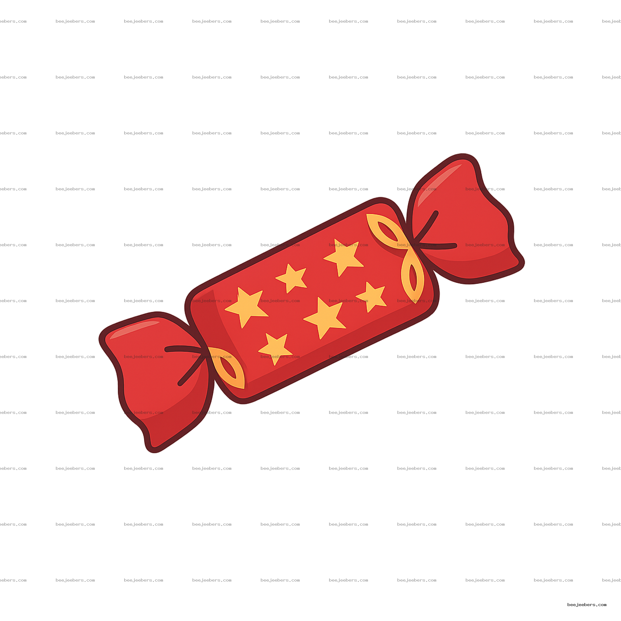 Red Christmas cracker clipart with yellow stars and leaf decorations on transparent background