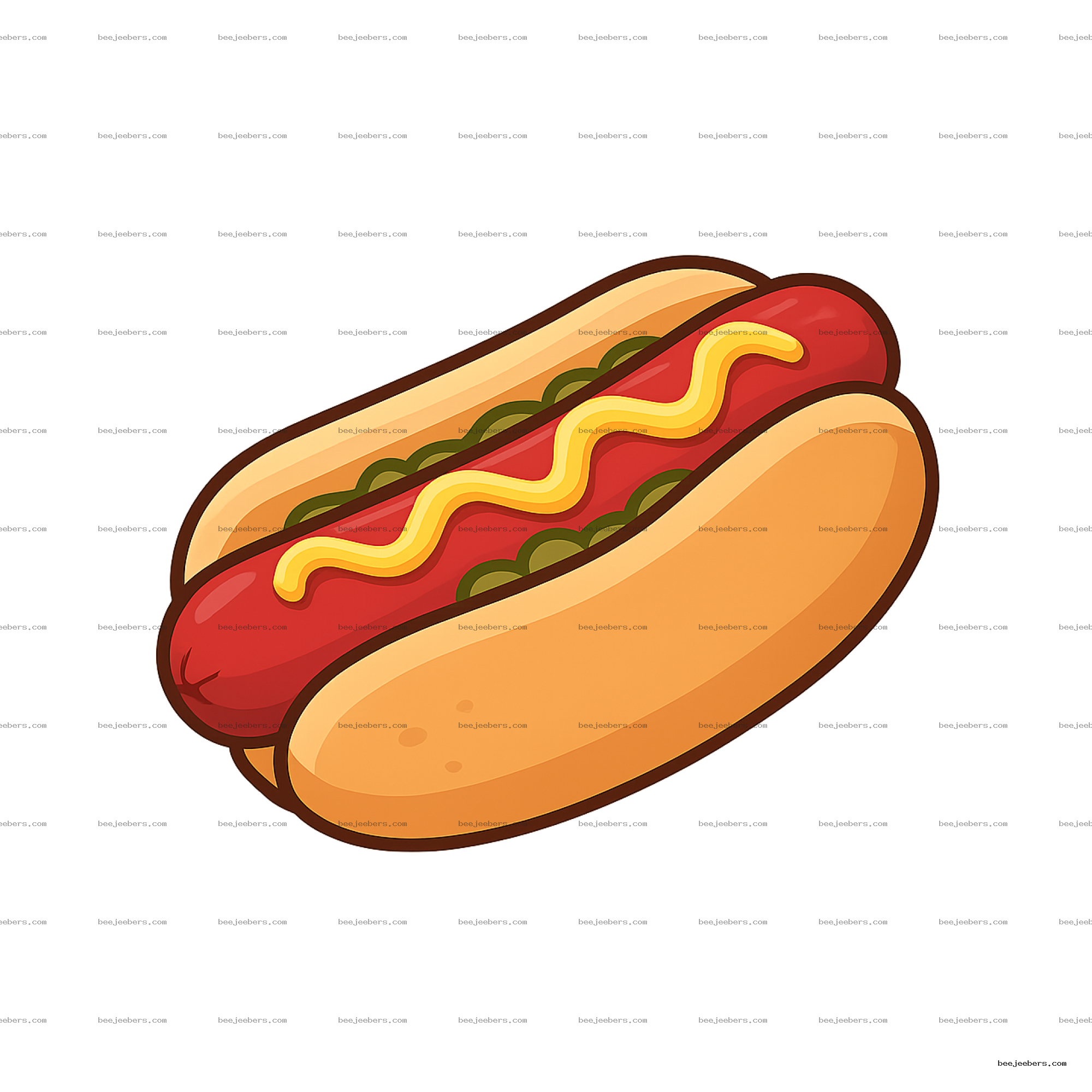 Vector illustration of a hotdog in a bun topped with mustard and relish on a transparent background