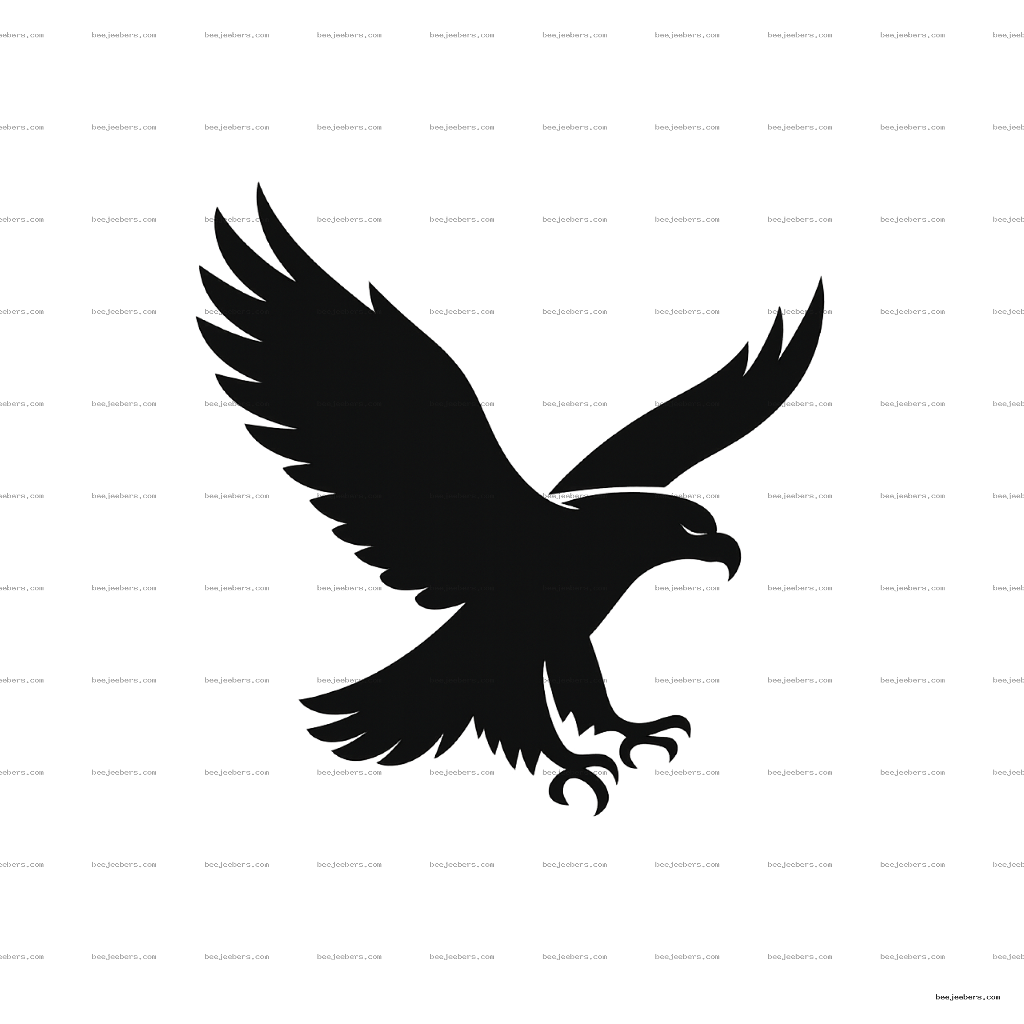 Black eagle silhouette in flight with wings spread and talons extended, transparent background