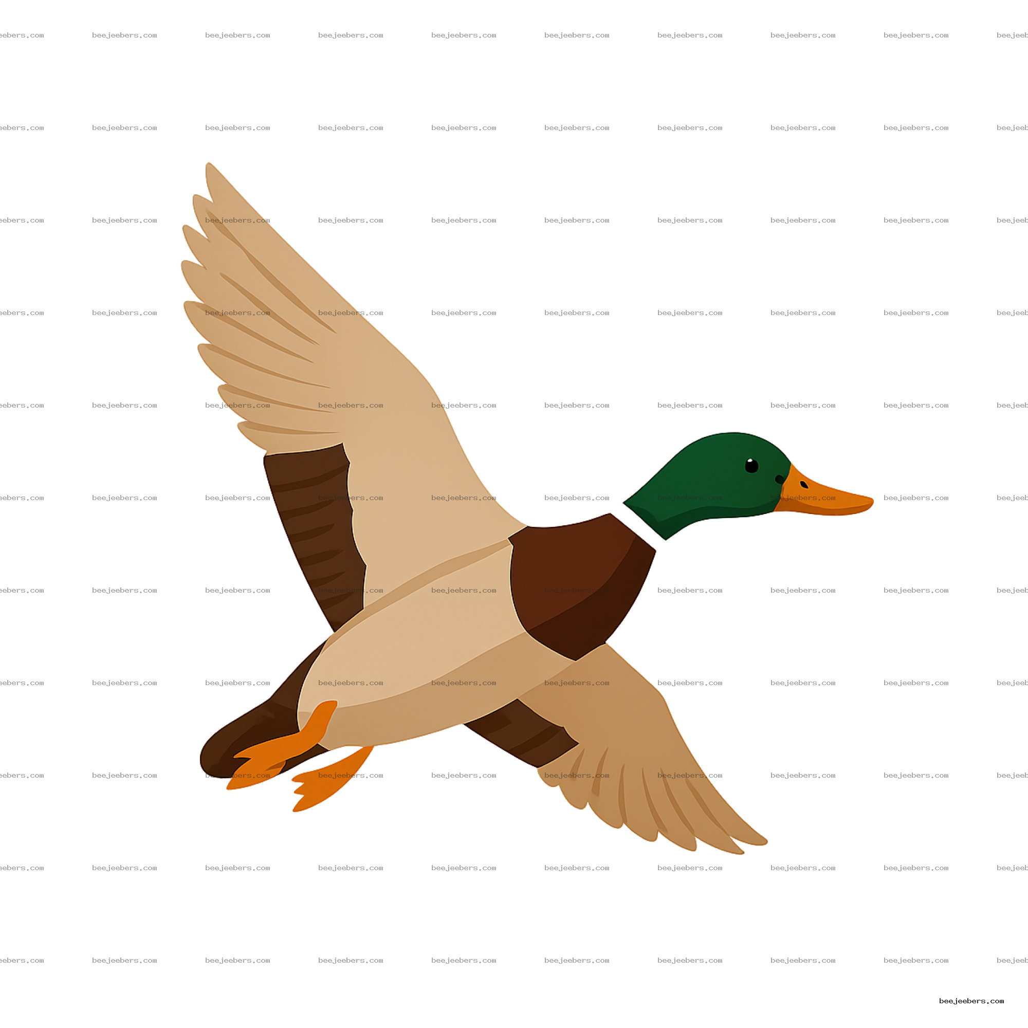 Clean vector PNG of a flying mallard duck with green head, beige wings, and orange feet on a transparent background