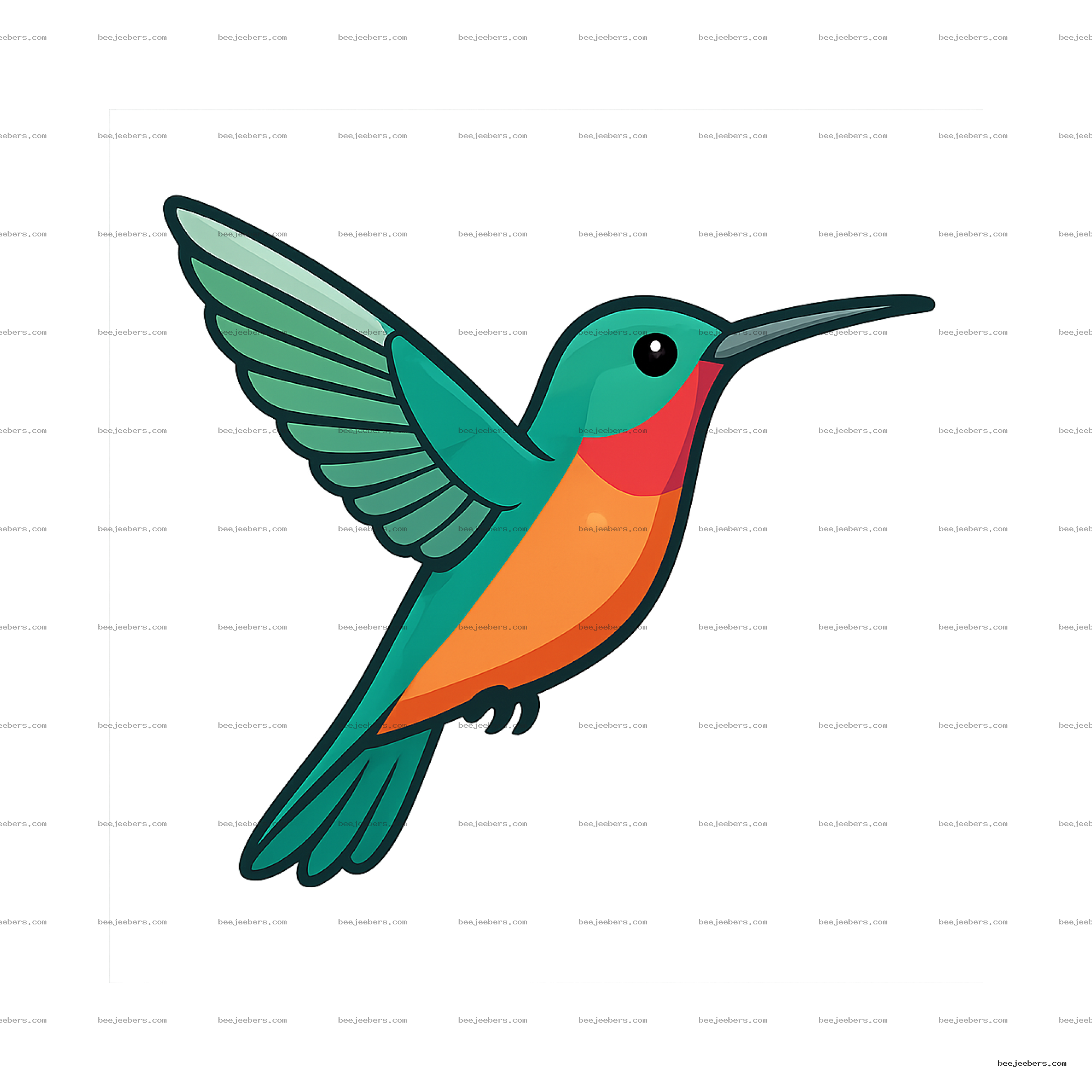 Bright colorful vector hummingbird clipart with orange and green wings in flight on transparent background