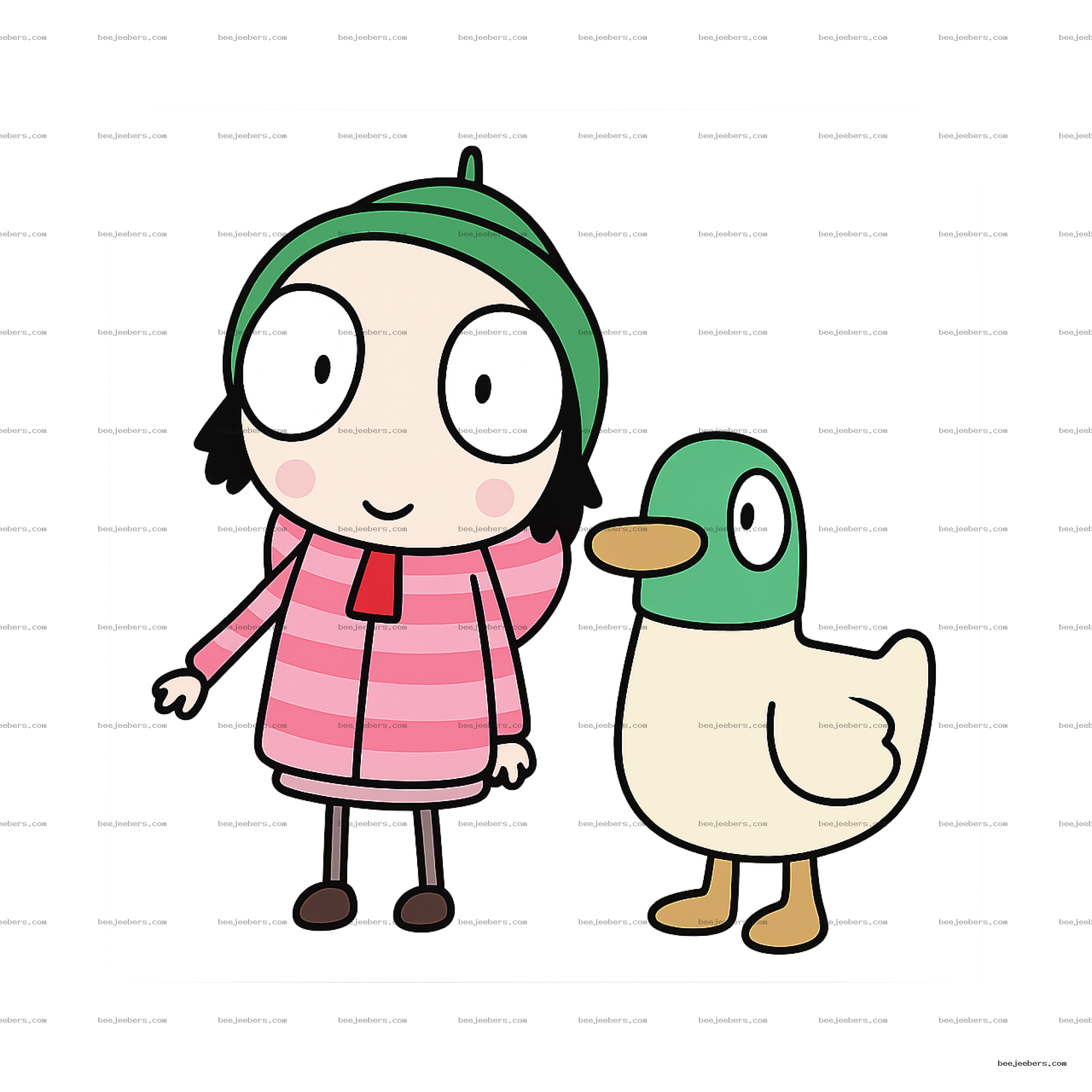 Vector PNG of a girl in a green winter hat and pink coat with a green-headed duck