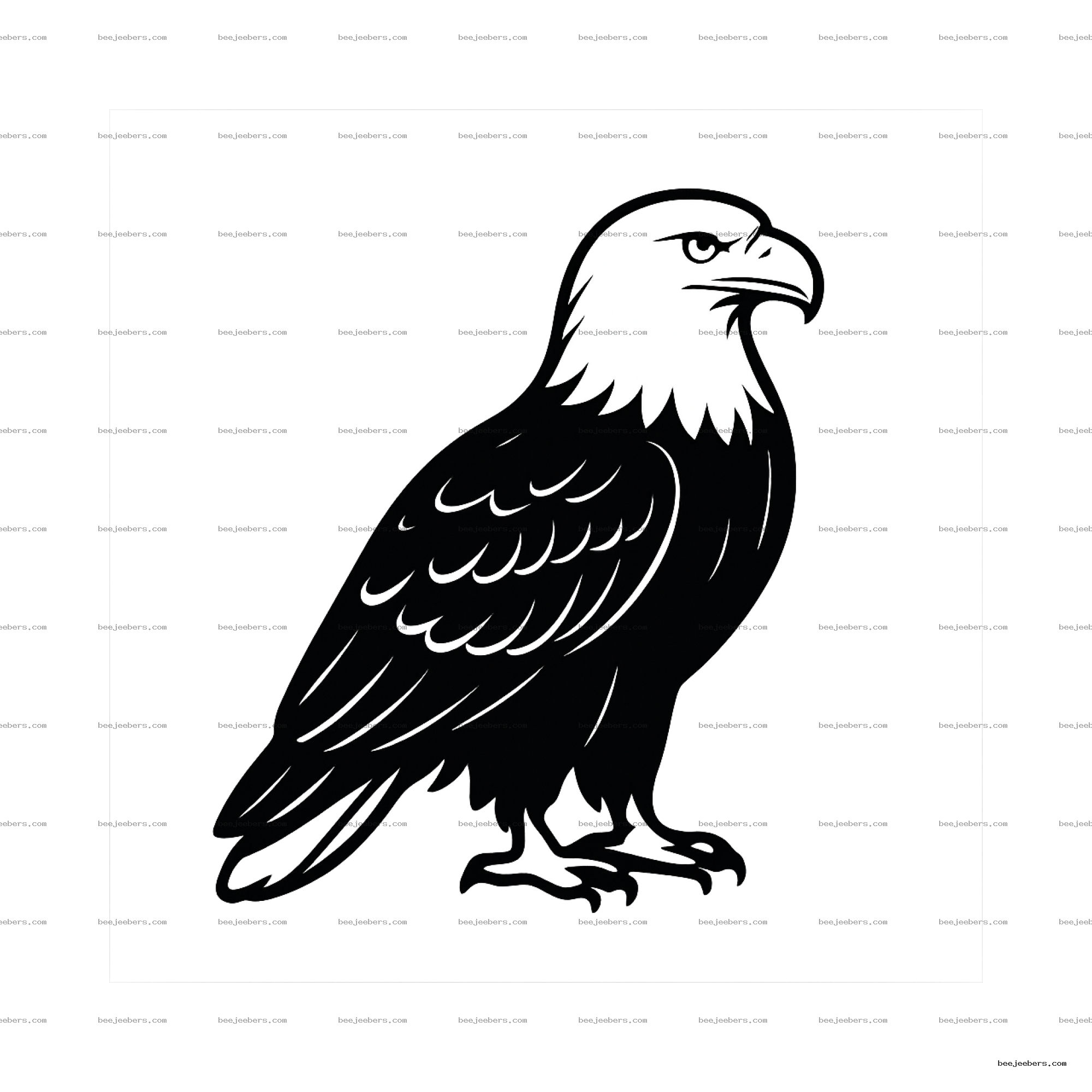 Black and white vector illustration of an eagle with fierce expression on transparent background