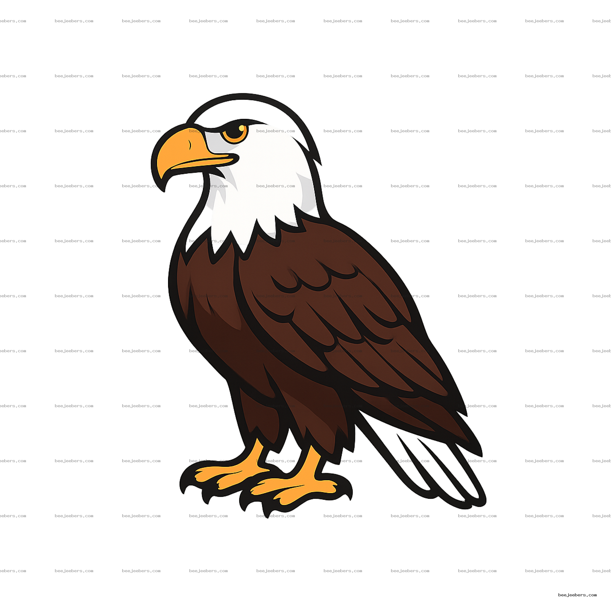 Clean vector illustration of an eagle with white head, brown body, and yellow beak on transparent background