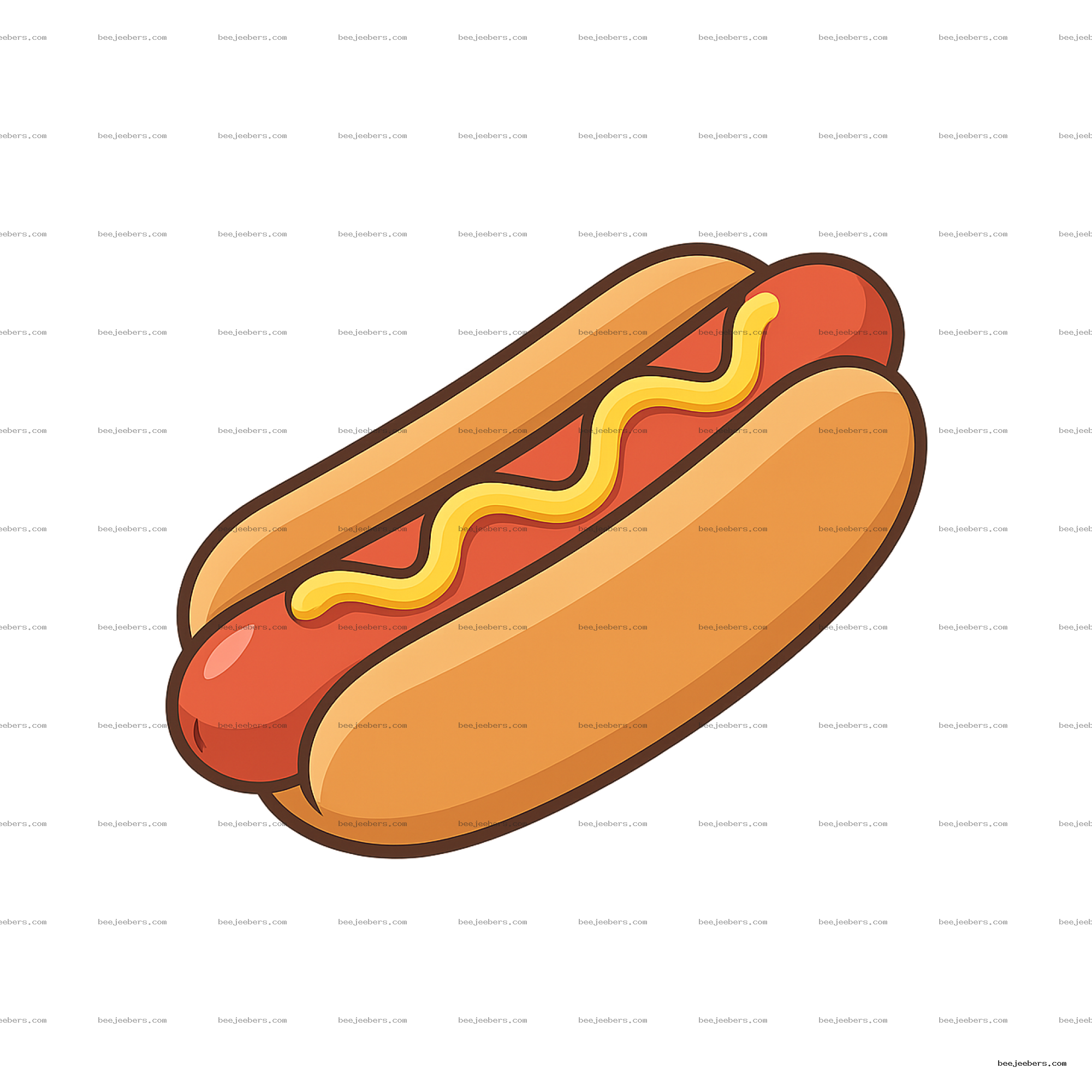 Clean vector illustration of a hotdog with mustard on a bun with transparent background
