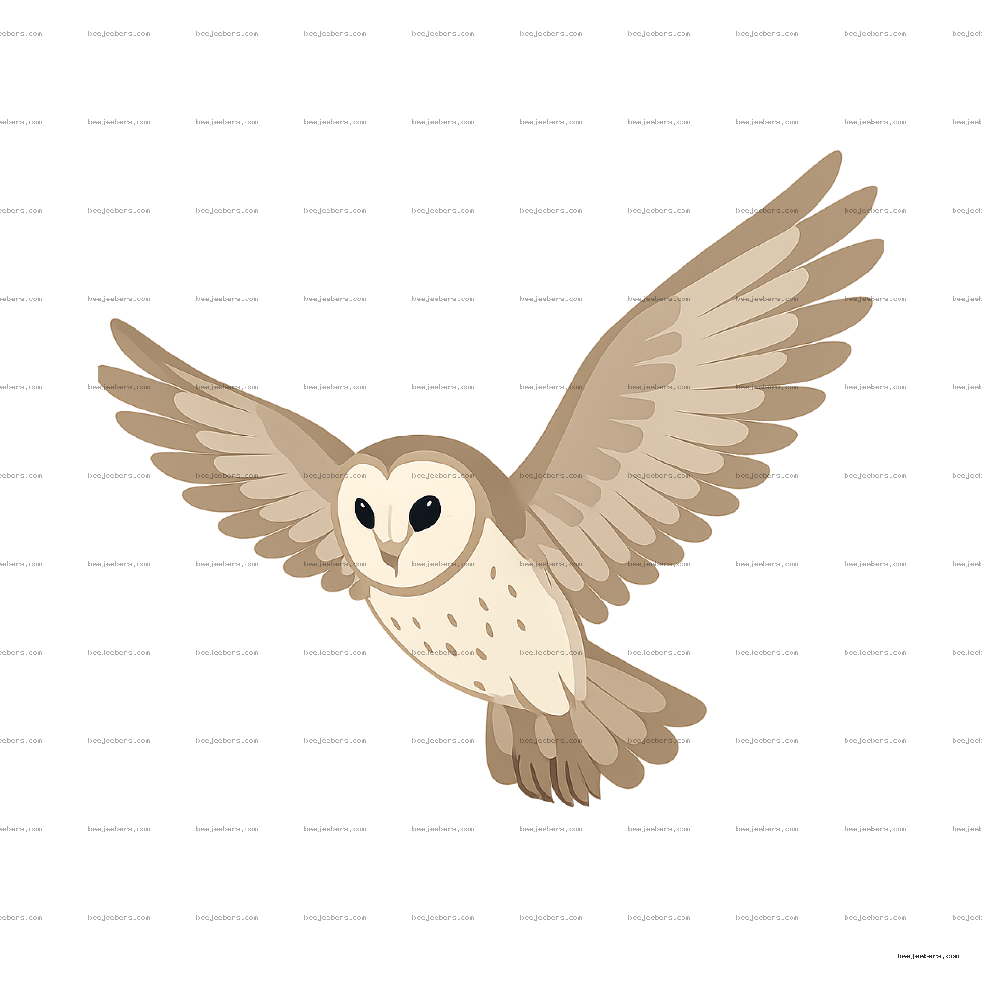 Clean vector illustration of a barn owl flying with wings spread and transparent background