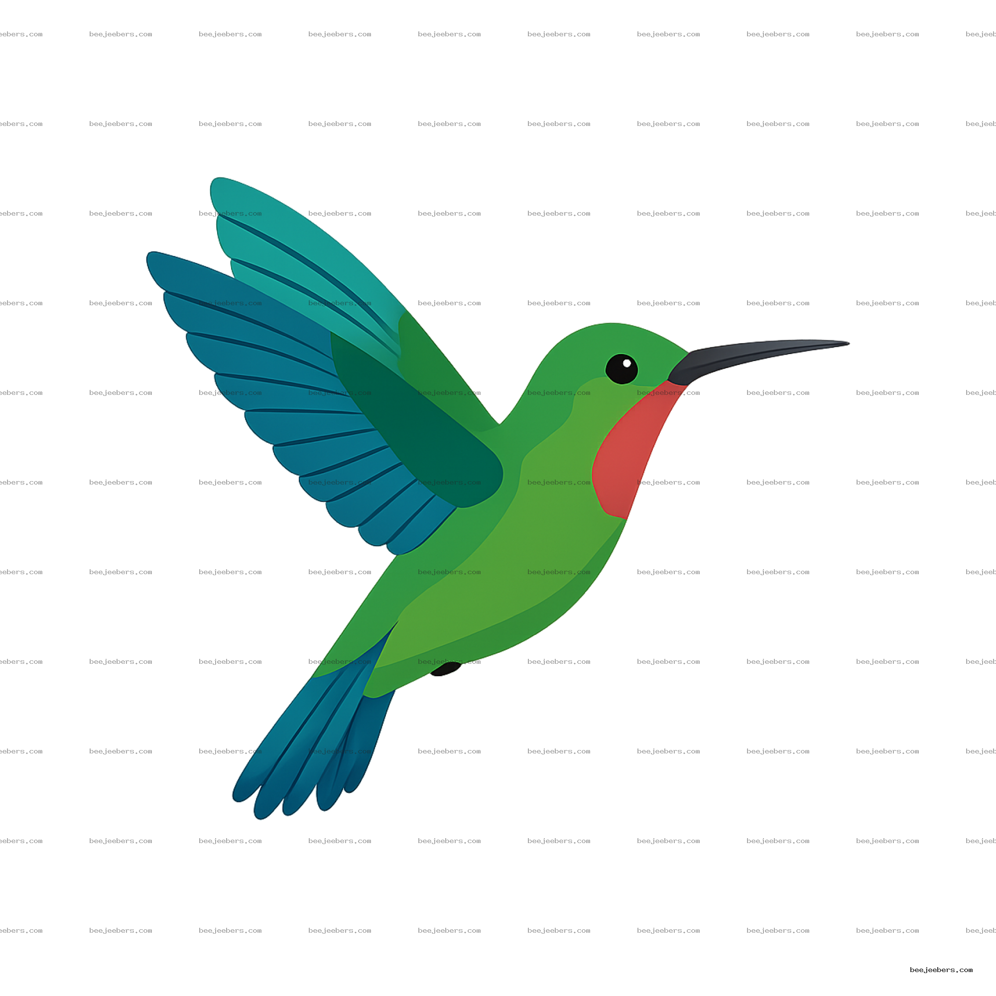 Colorful vector hummingbird in flight with green, blue, and red colors on transparent background