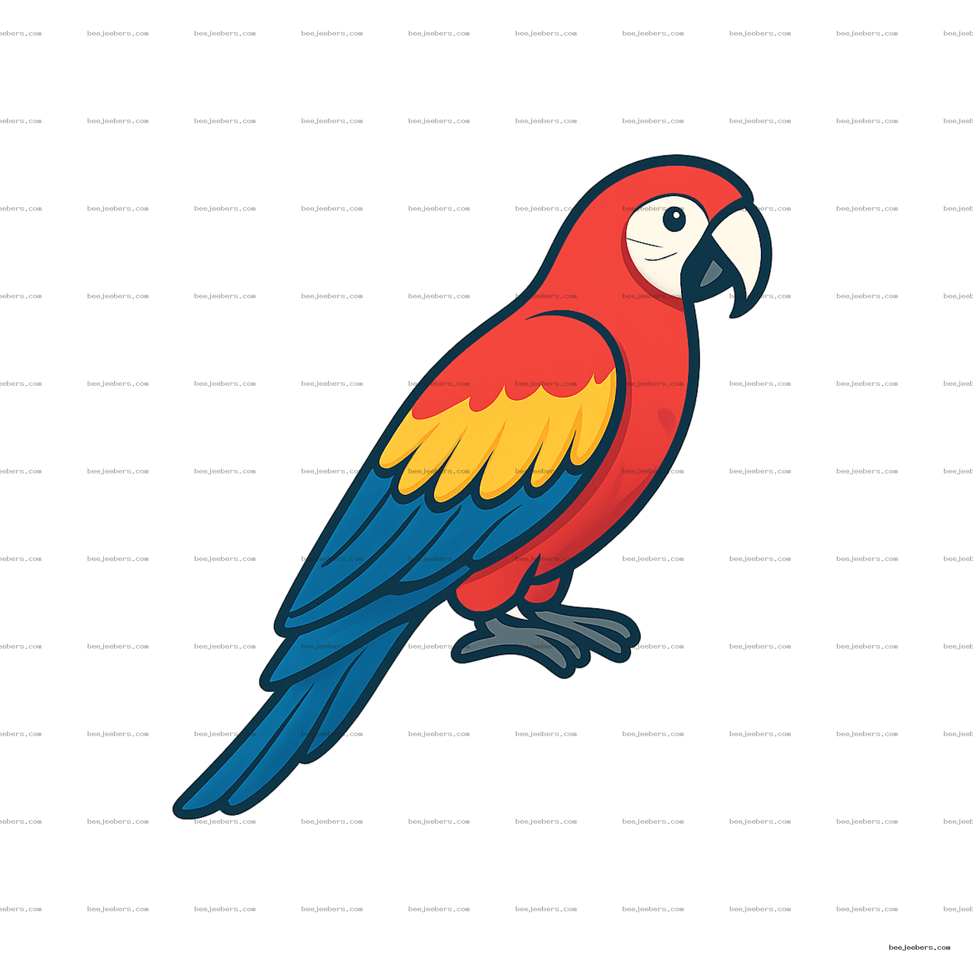 Colorful vector illustration of a red, yellow, and blue parrot in side profile on transparent background