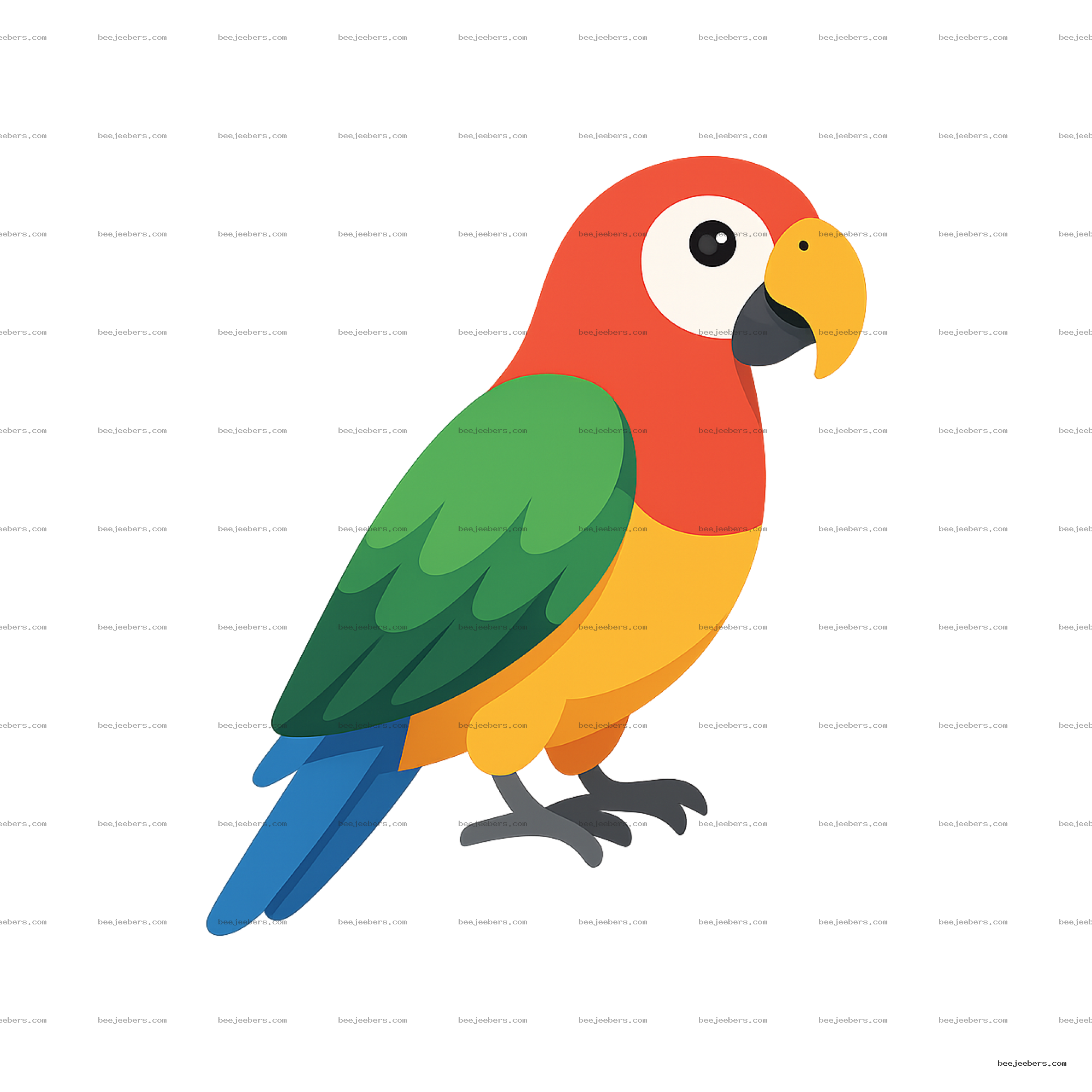 Clean vector illustration of a colorful parrot with green wings and red head on transparent background