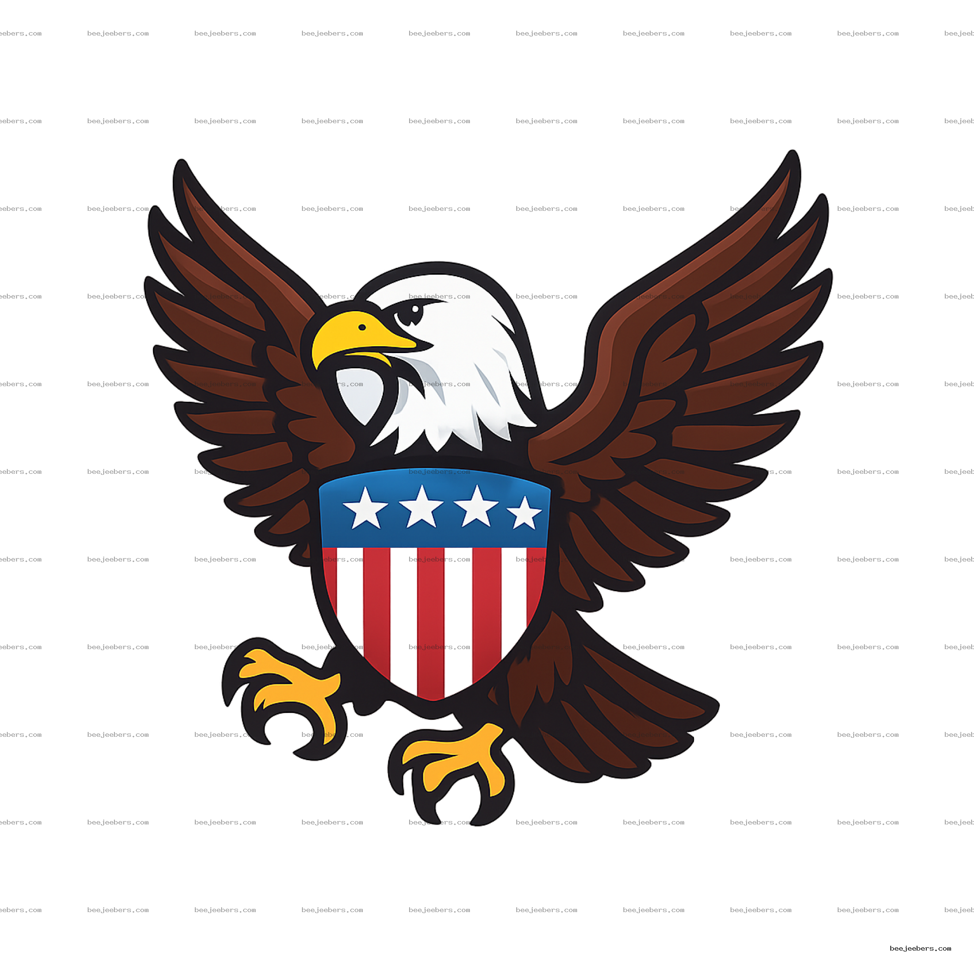 Clean vector patriotic bald eagle with wings spread and USA flag shield on chest, transparent background