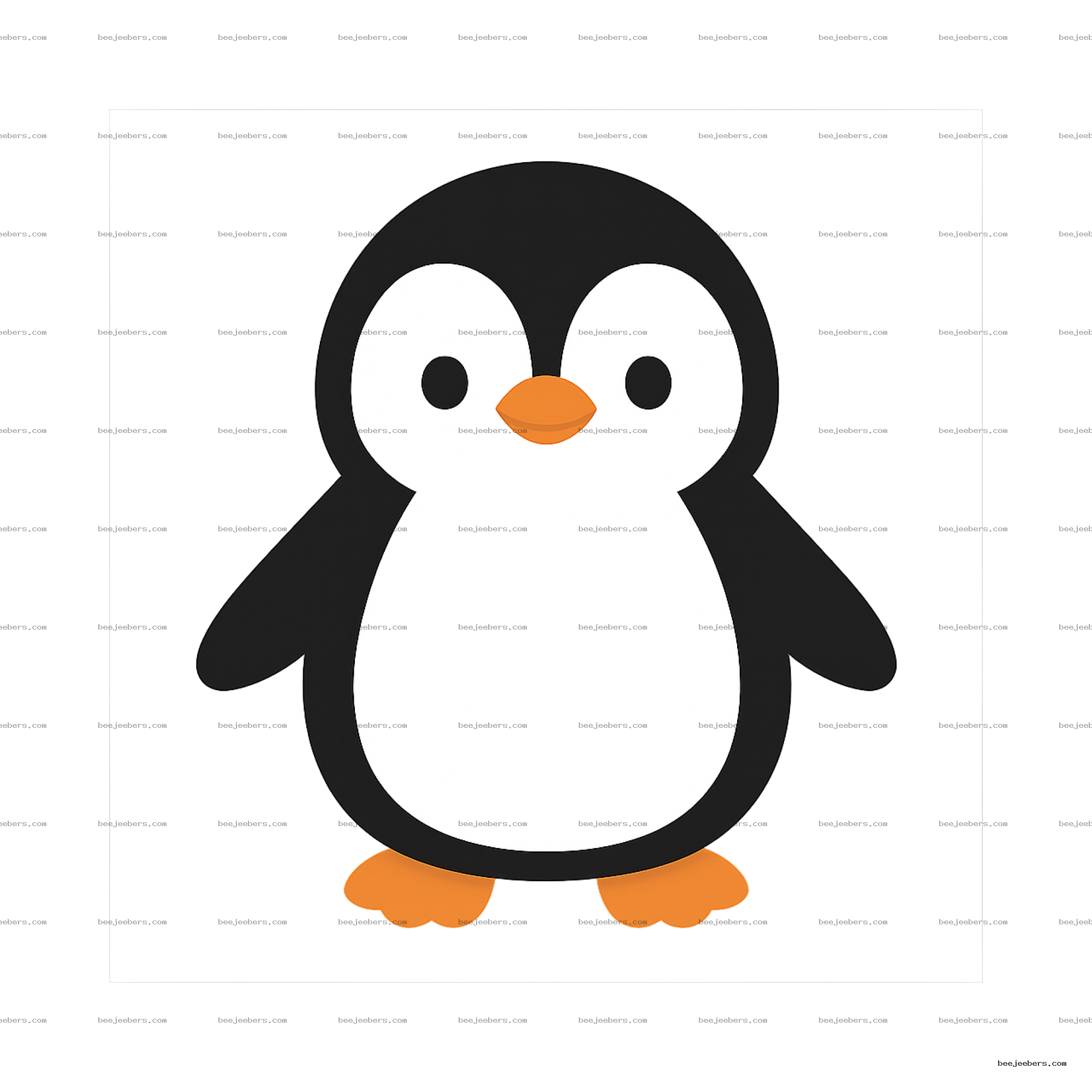 Cute cartoon penguin clipart with black and white body, orange beak and feet on transparent background