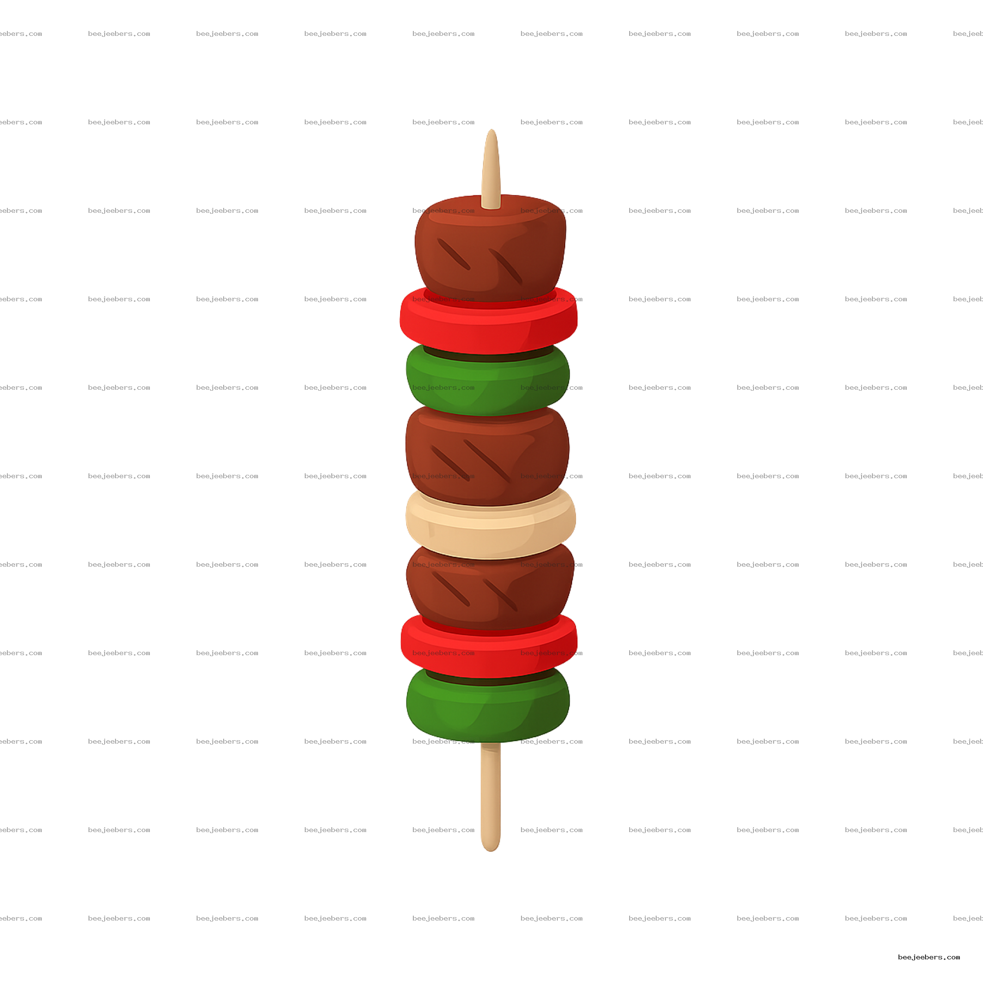 Clean vector kebab skewer clipart with meat and colorful vegetables on wooden stick