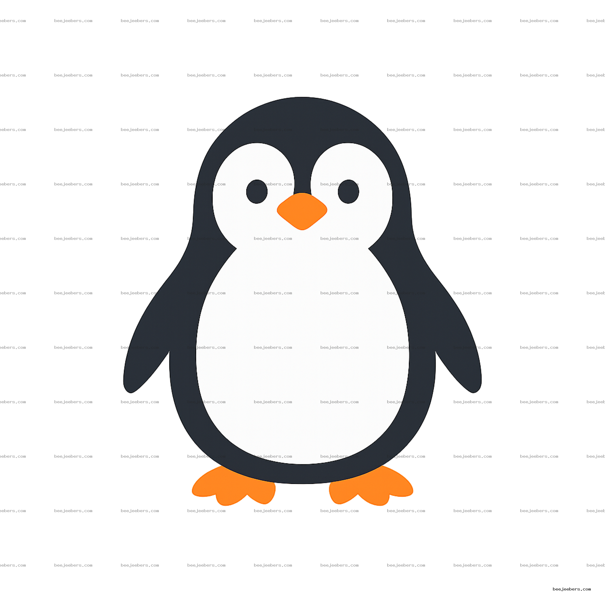 Cute cartoon penguin vector with black and white body, orange beak and feet on transparent background
