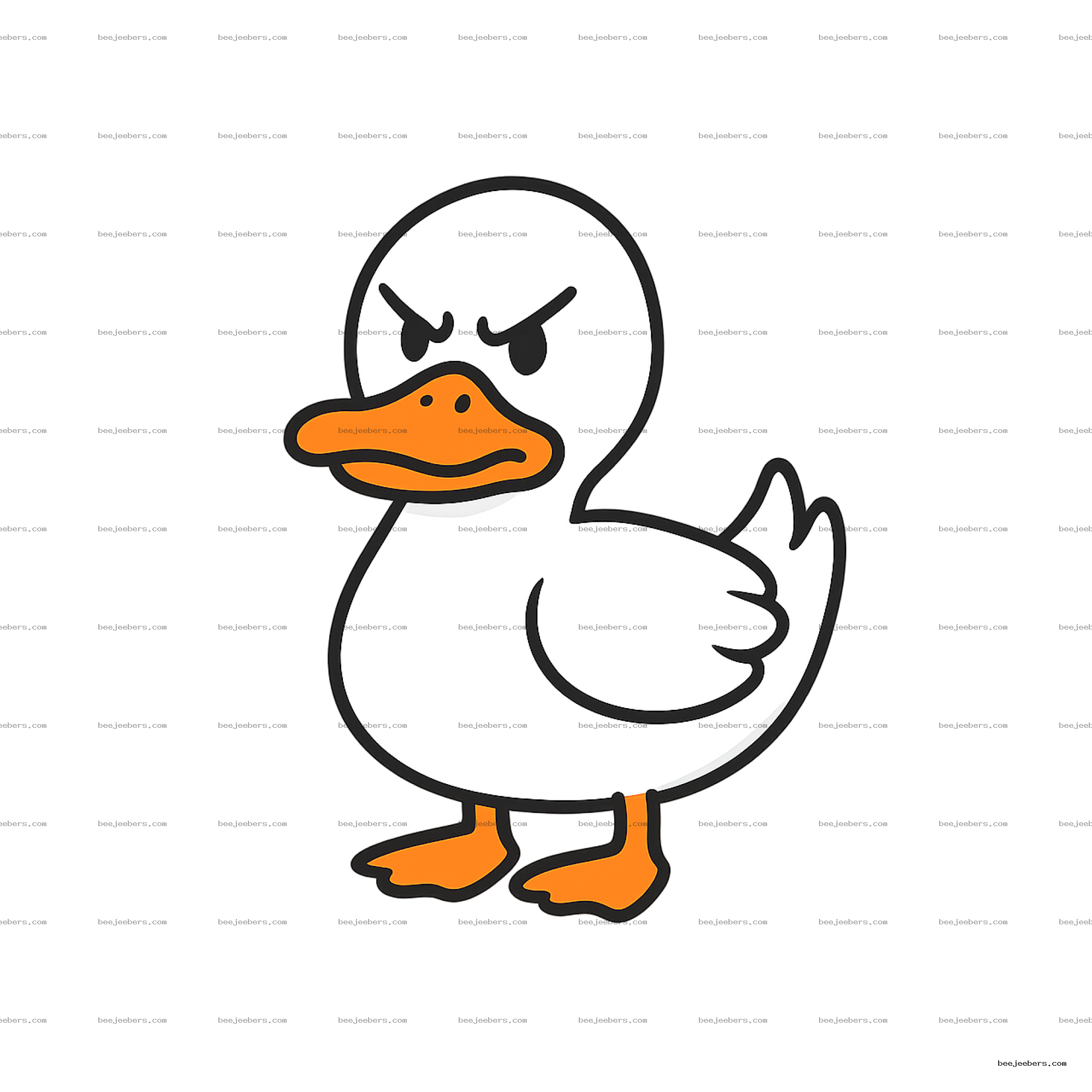 Clean vector illustration of an angry white duck with orange beak and feet, transparent background