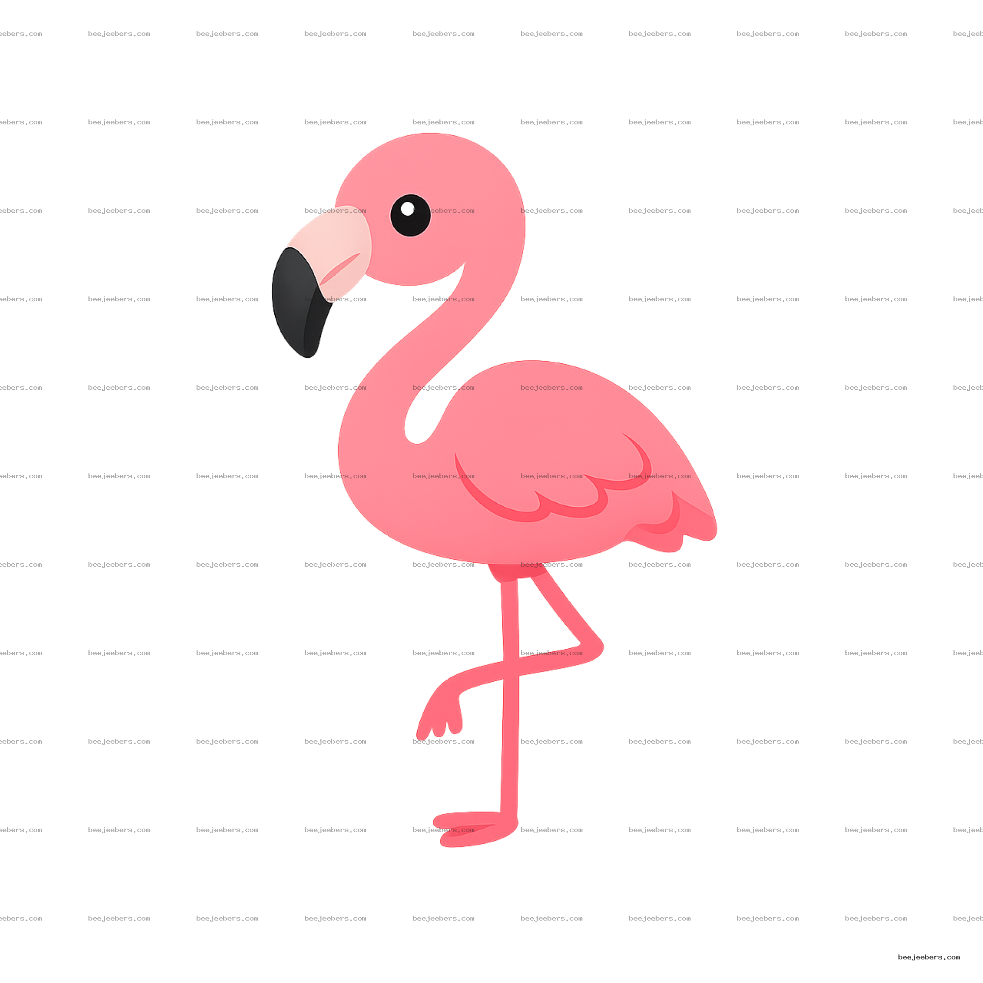 Cute digital vector illustration of a pink flamingo with one leg raised on transparent background