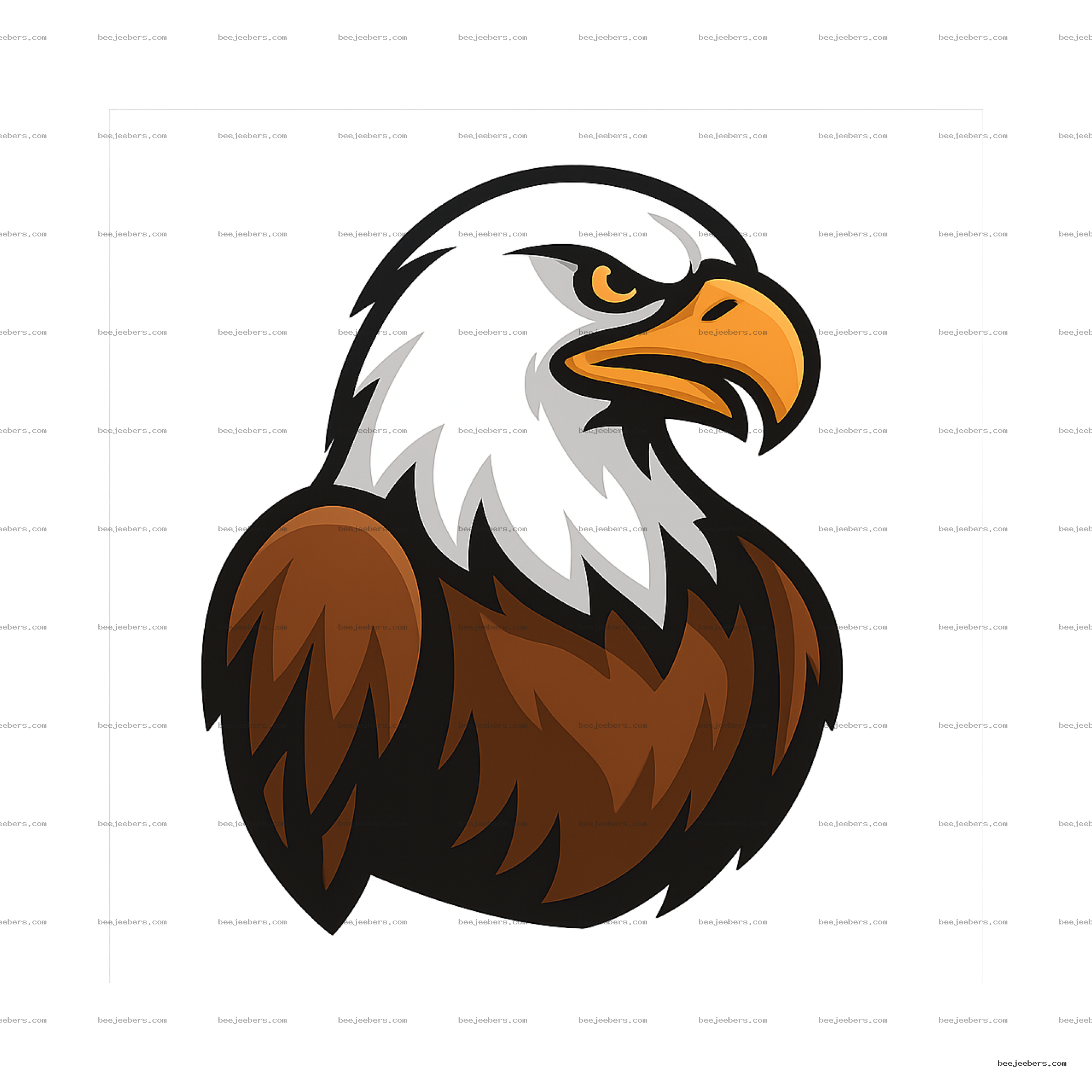 Clean vector eagle mascot head with white, brown feathers and orange beak on transparent background