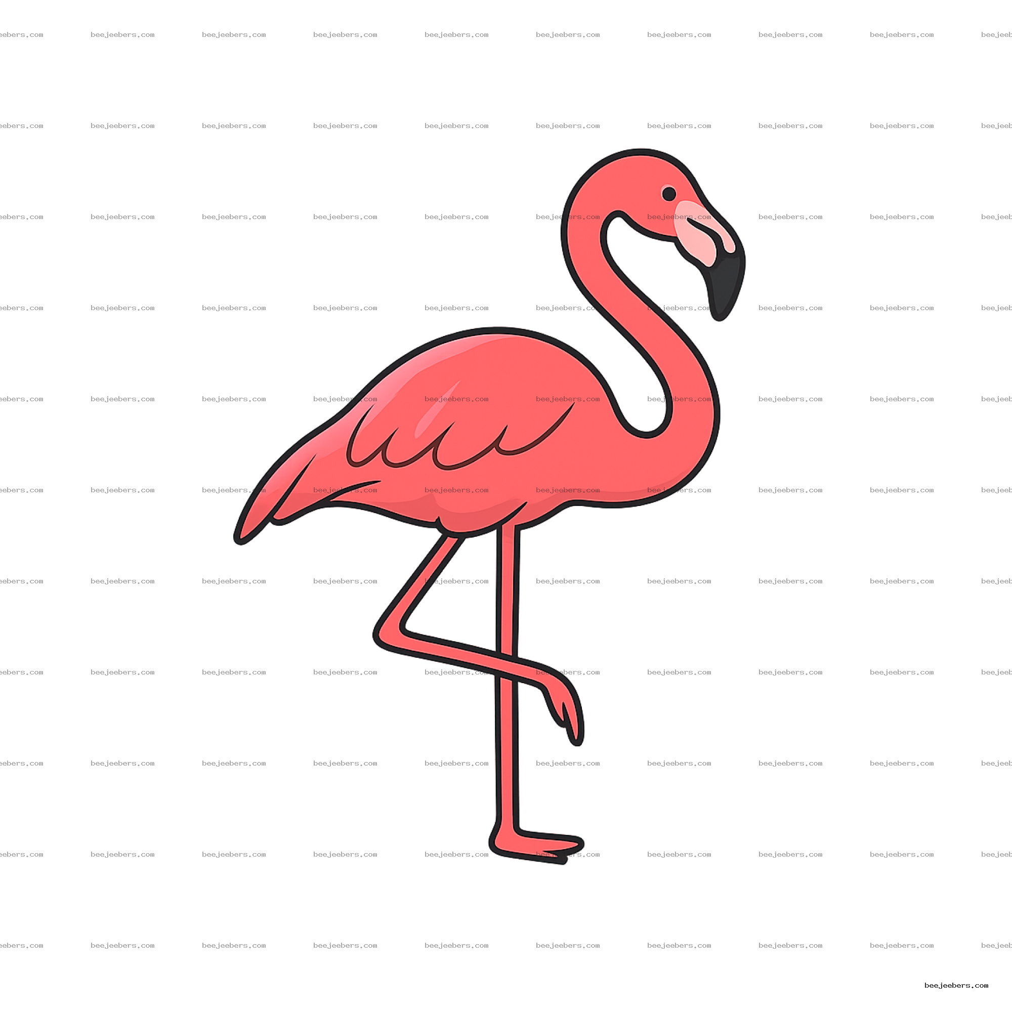 Clean vector pink flamingo bird standing on one leg with black-tipped beak transparent PNG