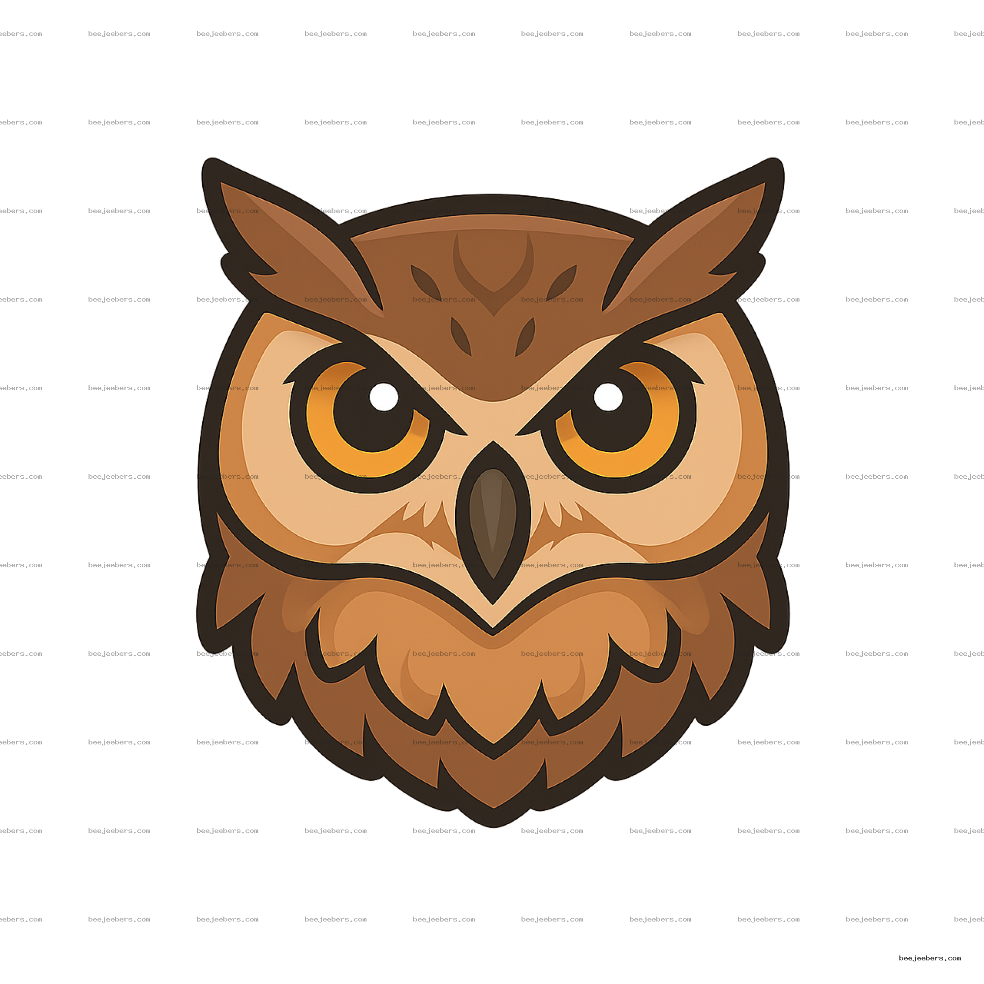 Clean vector illustration of an owl face with big orange eyes on transparent background
