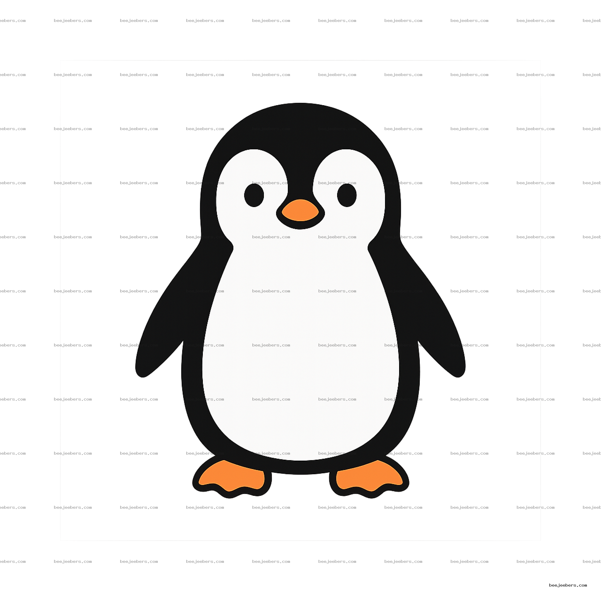 Cute cartoon penguin clipart with black and white body and orange beak and feet on transparent background