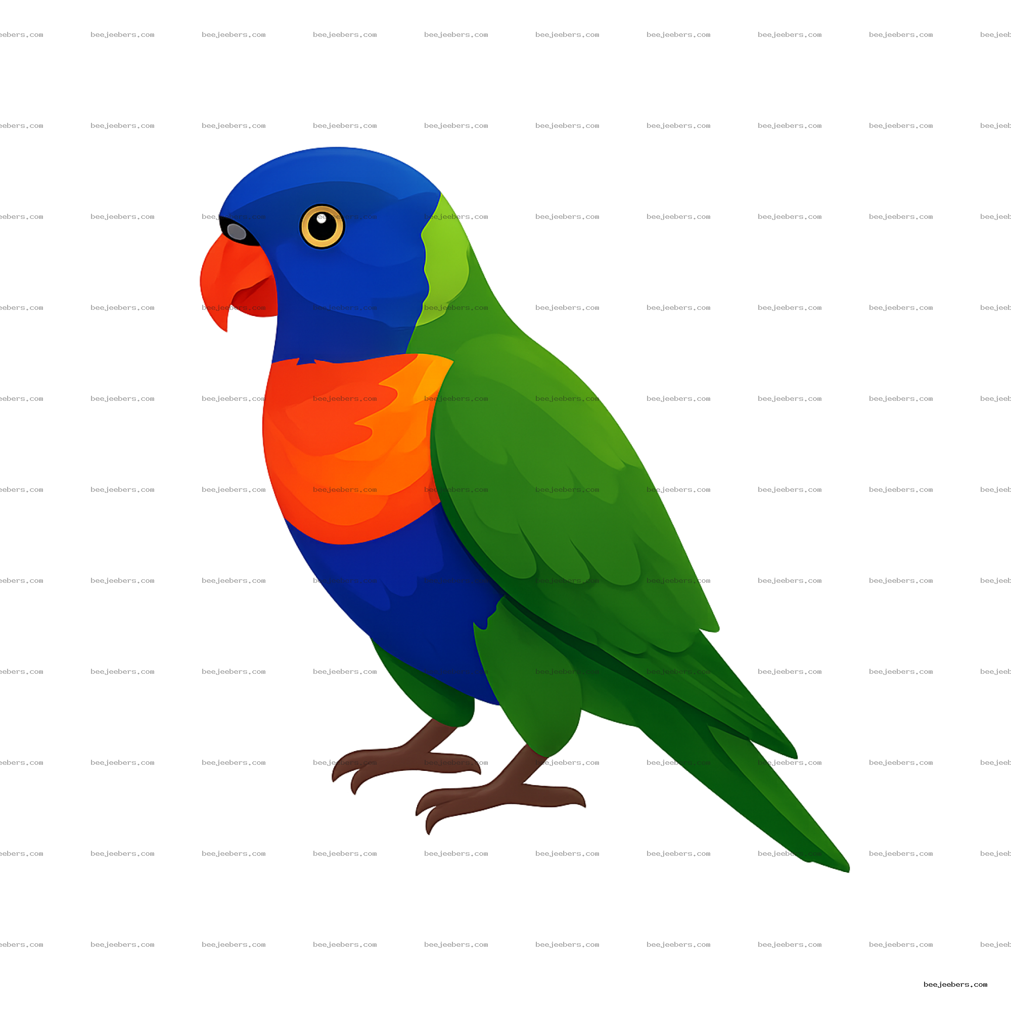 Vector illustration of a colorful rainbow lorikeet bird with blue head, orange chest, and green wings on transparent background