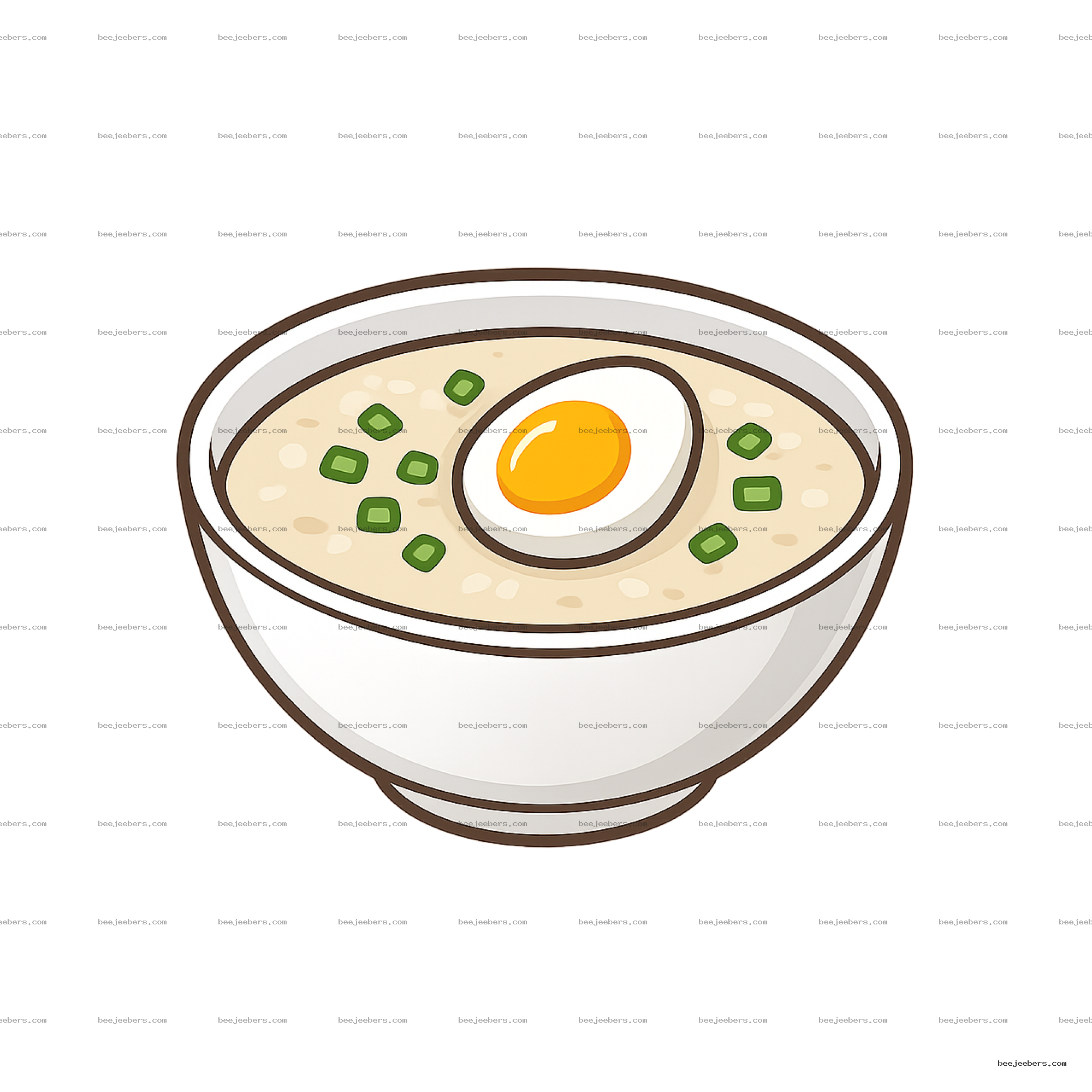 Top view vector illustration of lugaw rice porridge with half-boiled egg and green onions in a white bowl on transparent background