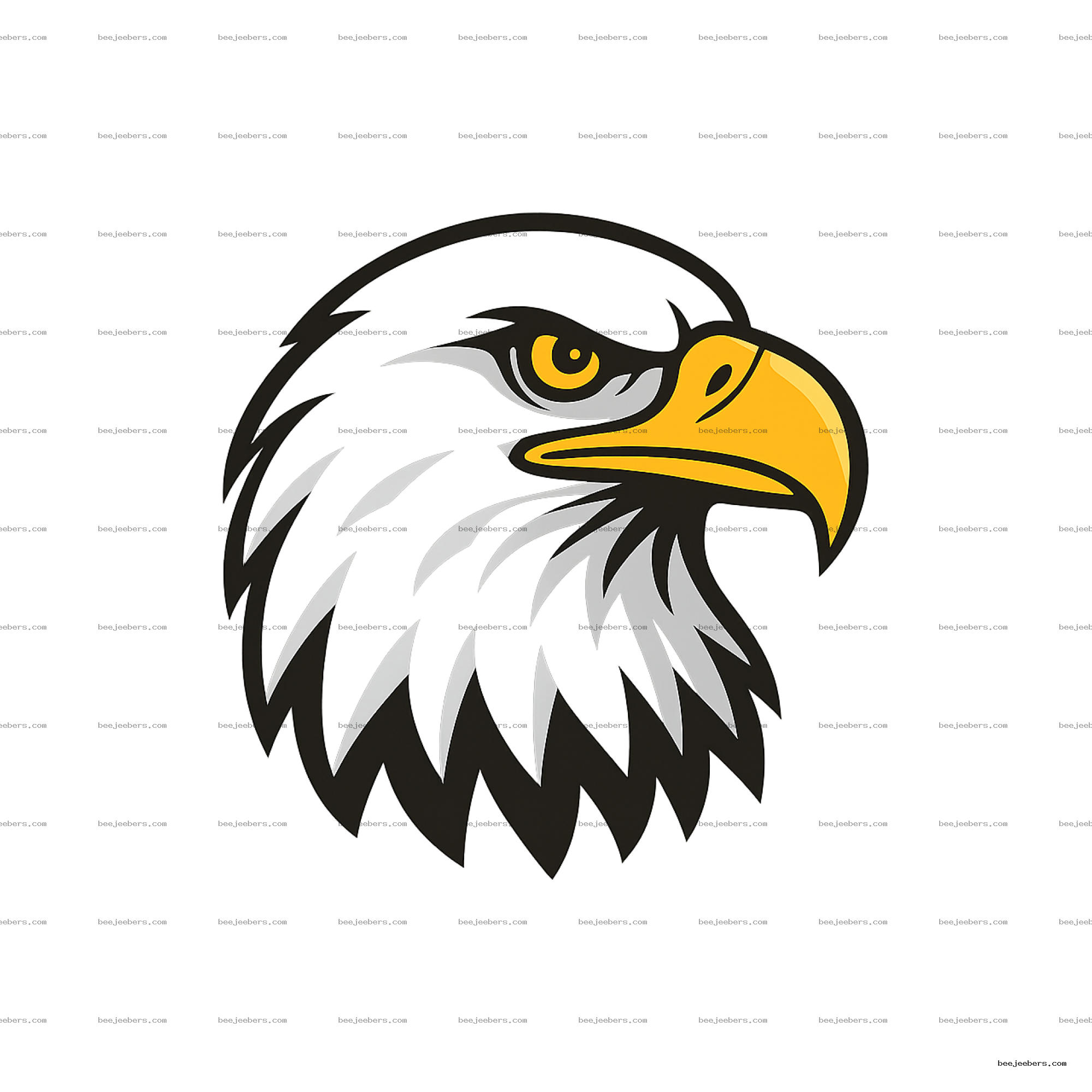 Clean vector illustration of a bald eagle head with yellow beak and sharp black and white feathers on transparent background