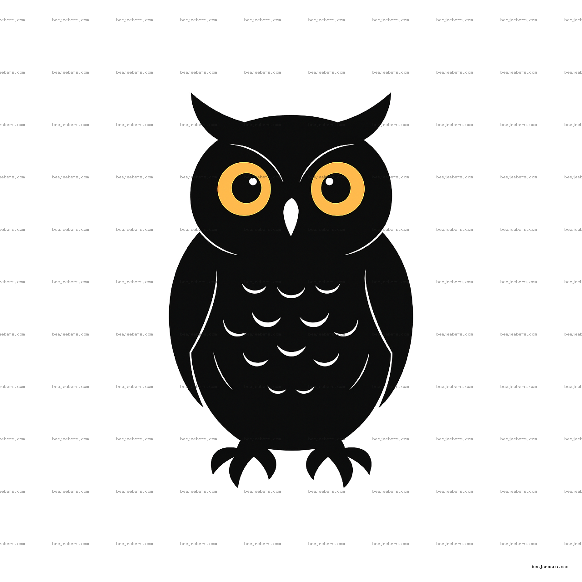 Clean vector black owl with large yellow eyes on transparent background