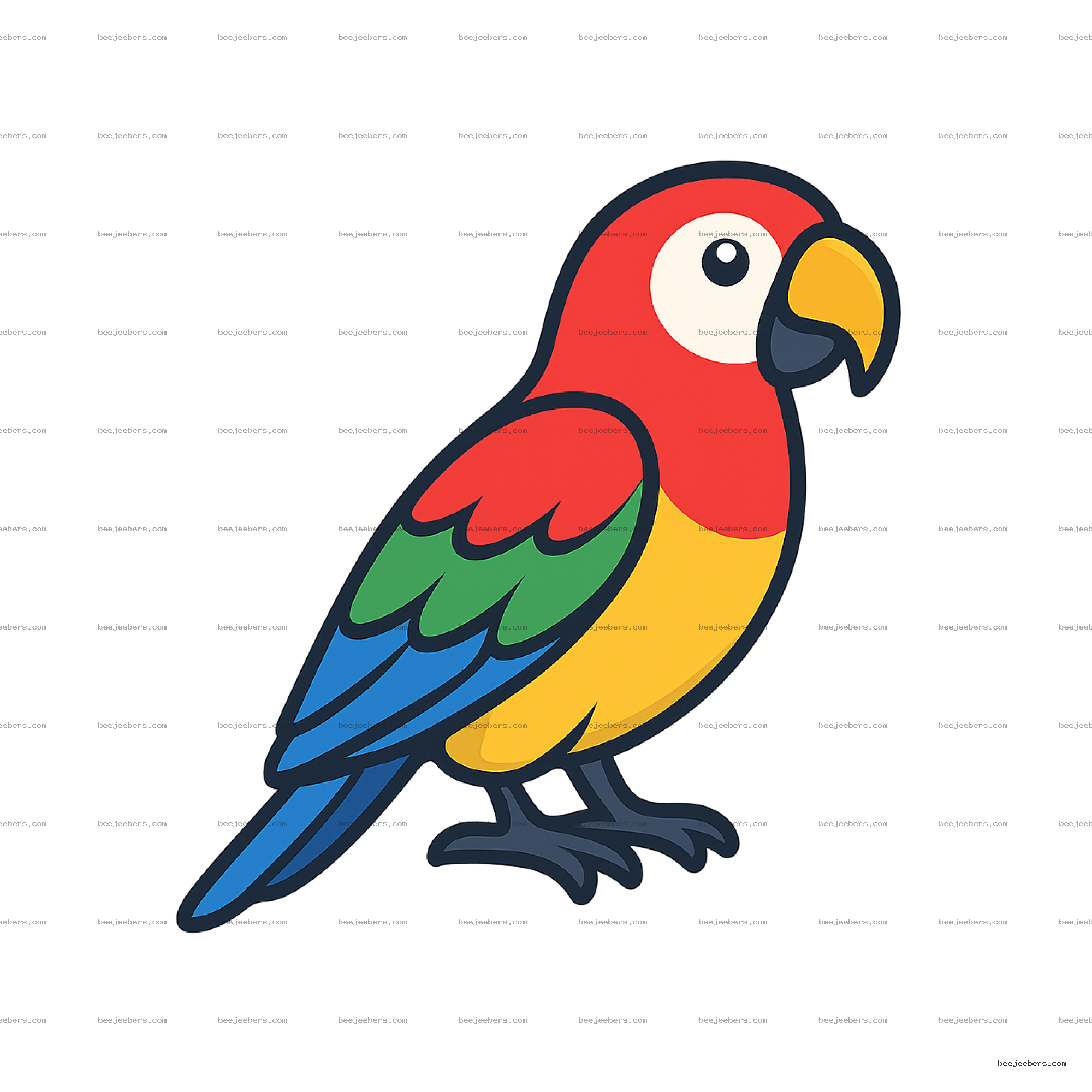 Bright colorful parrot vector illustration with red, green, yellow, and blue feathers on transparent background
