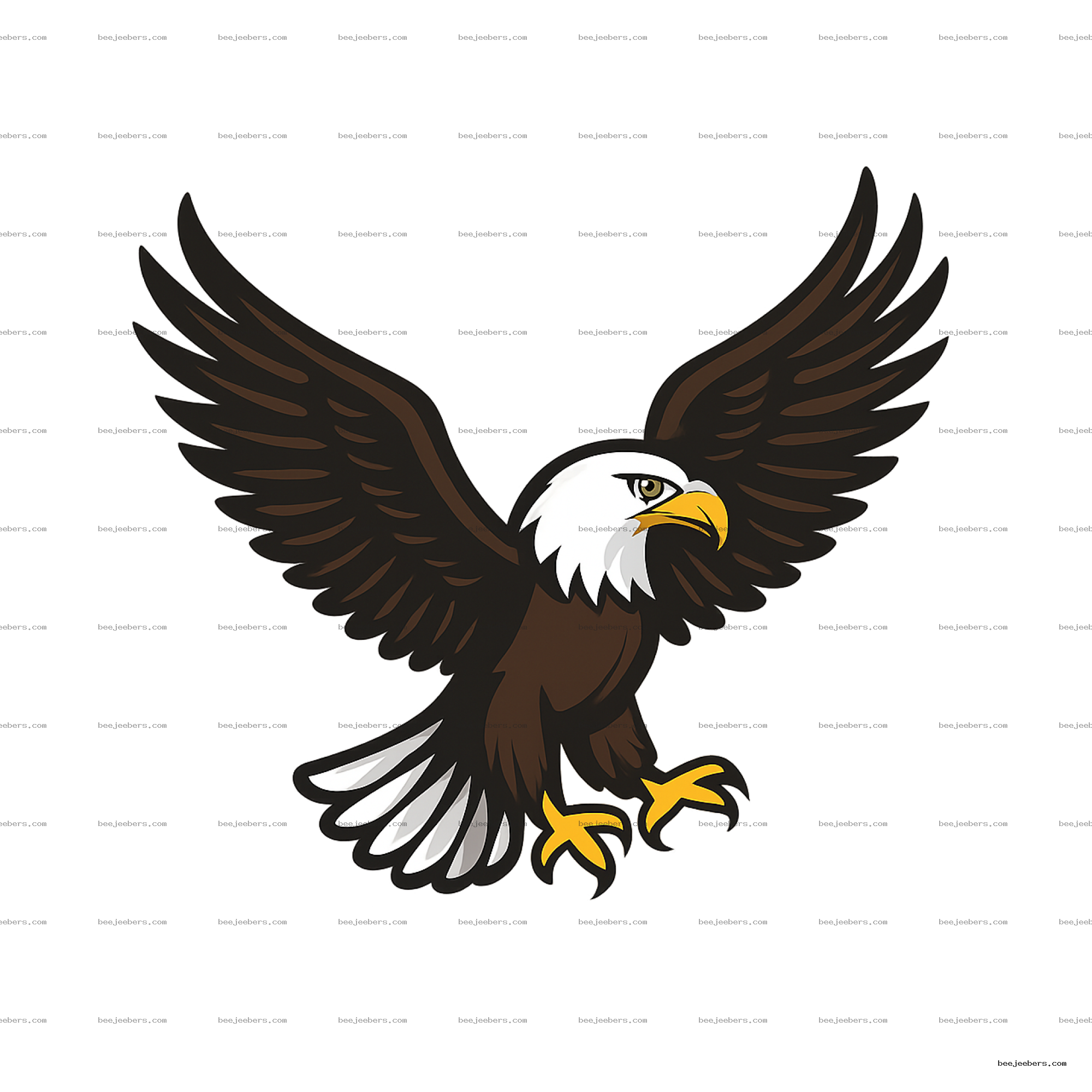 Vector PNG of a bald eagle with wings spread, white head and yellow beak, transparent background