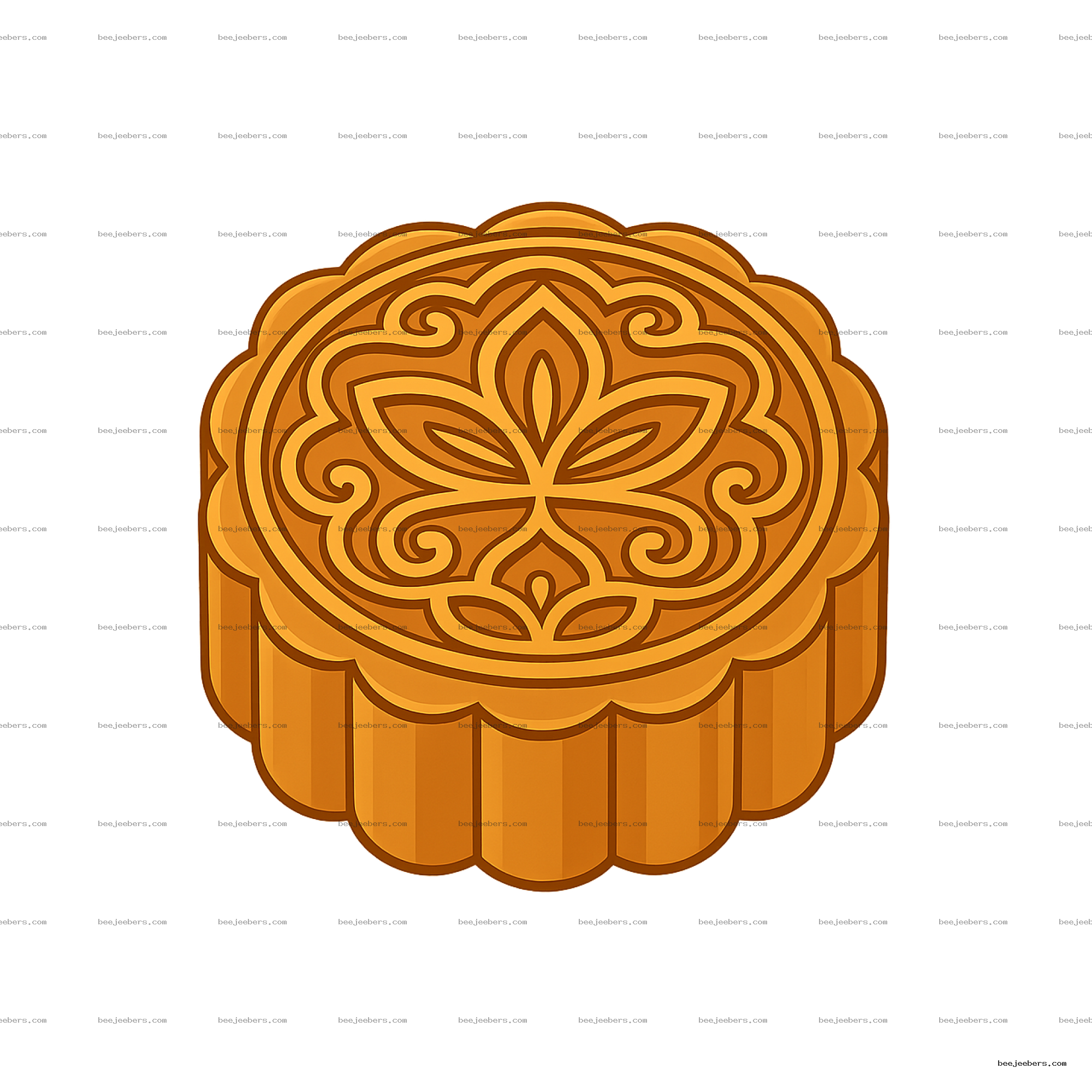 Vector mooncake with intricate floral pattern in brown and gold tones on transparent background